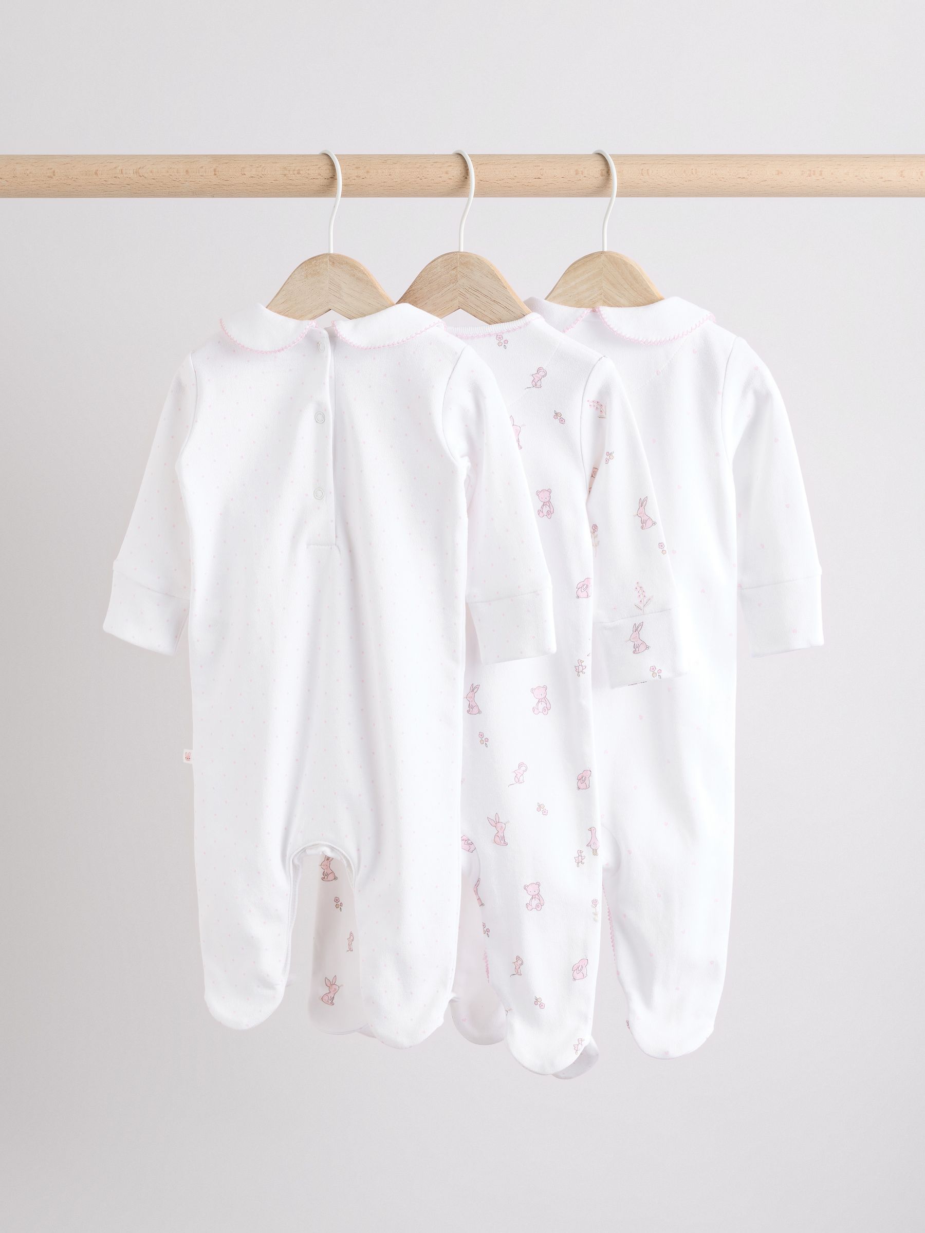 White Baby Collar 100% Cotton Sleepsuits 3 Pack