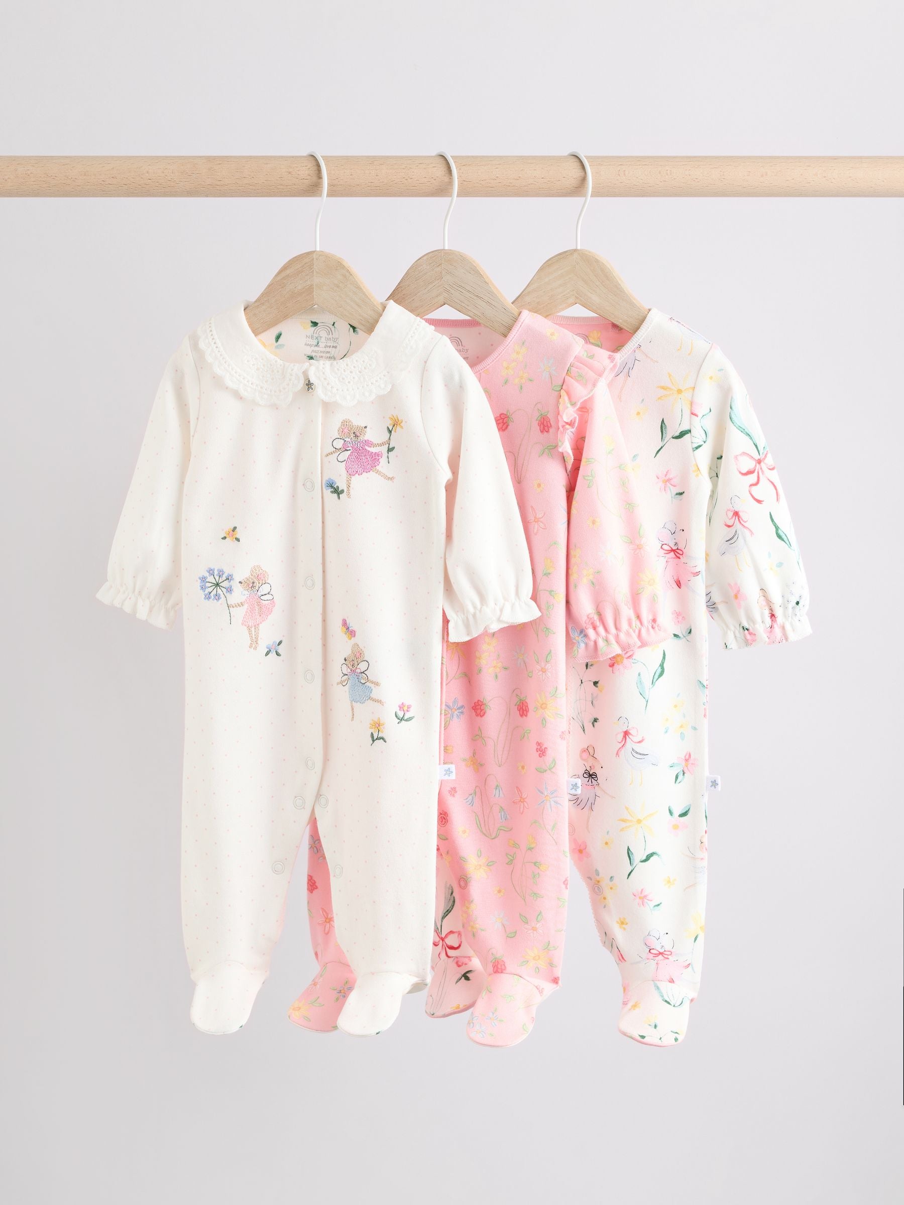 Pink Baby Frill Printed 100% Cotton Sleepsuits 3 Pack (0-2yrs)