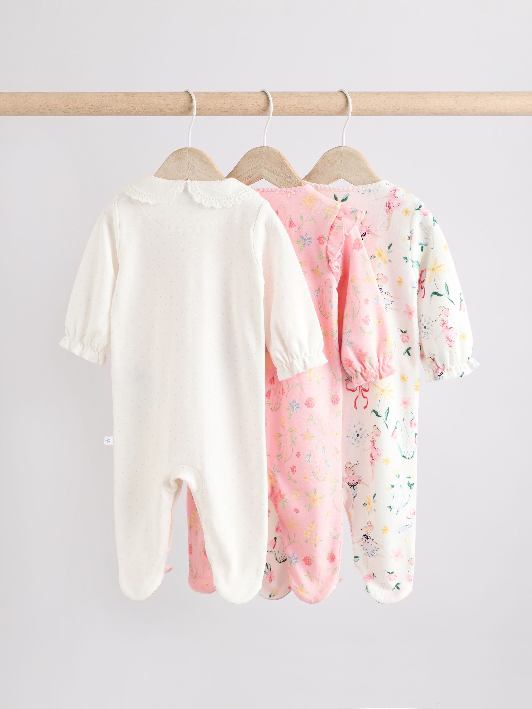 Pink Baby Frill Printed 100% Cotton Sleepsuits 3 Pack (0-2yrs)