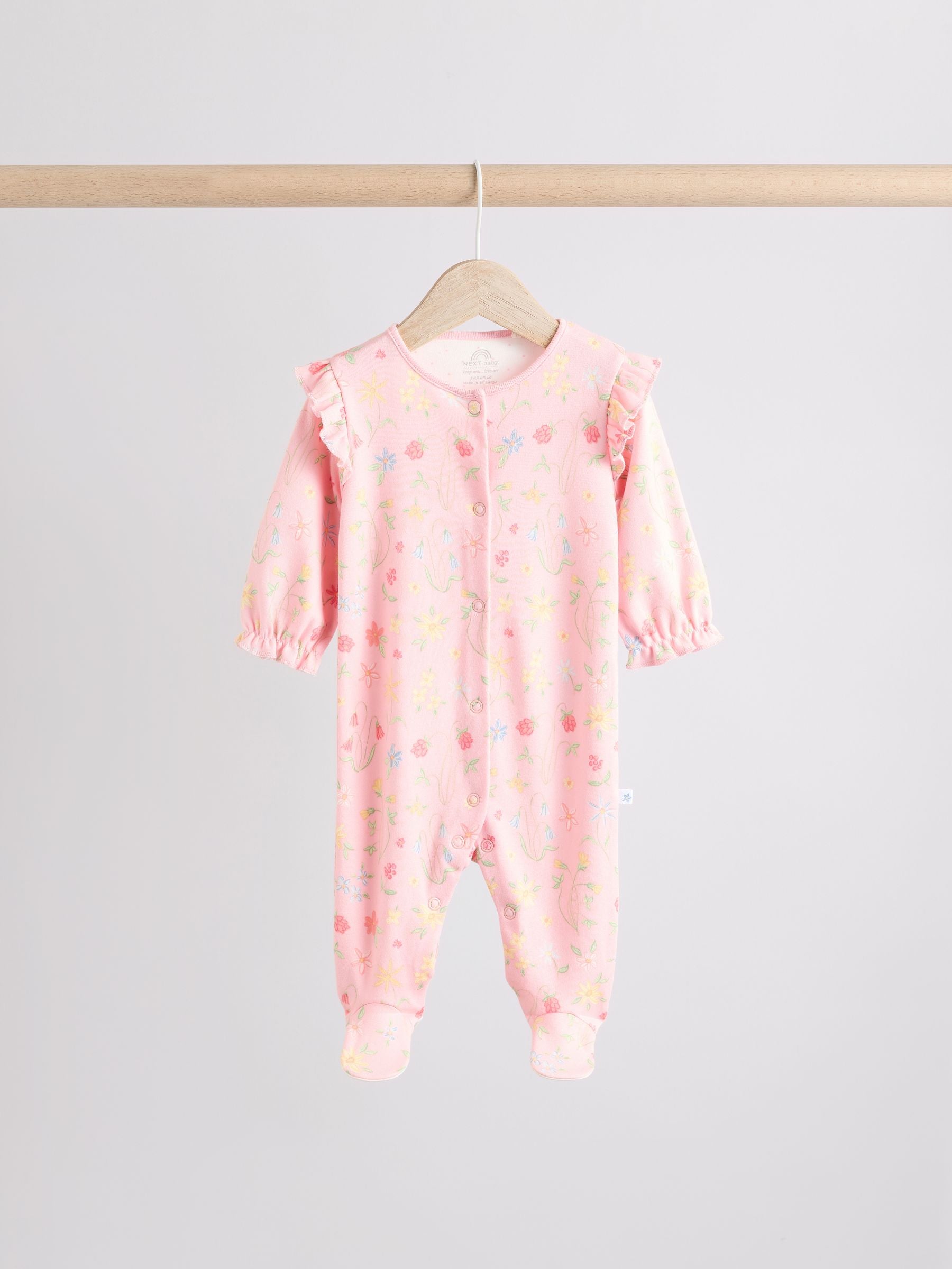 Pink Baby Frill Printed 100% Cotton Sleepsuits 3 Pack (0-2yrs)