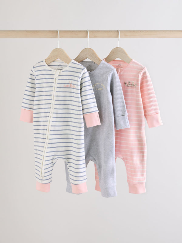 Pink/Grey 3 Pack Baby Slogan 100% Cotton Sleepsuits (0mths-3yrs) (0mths-3yrs)