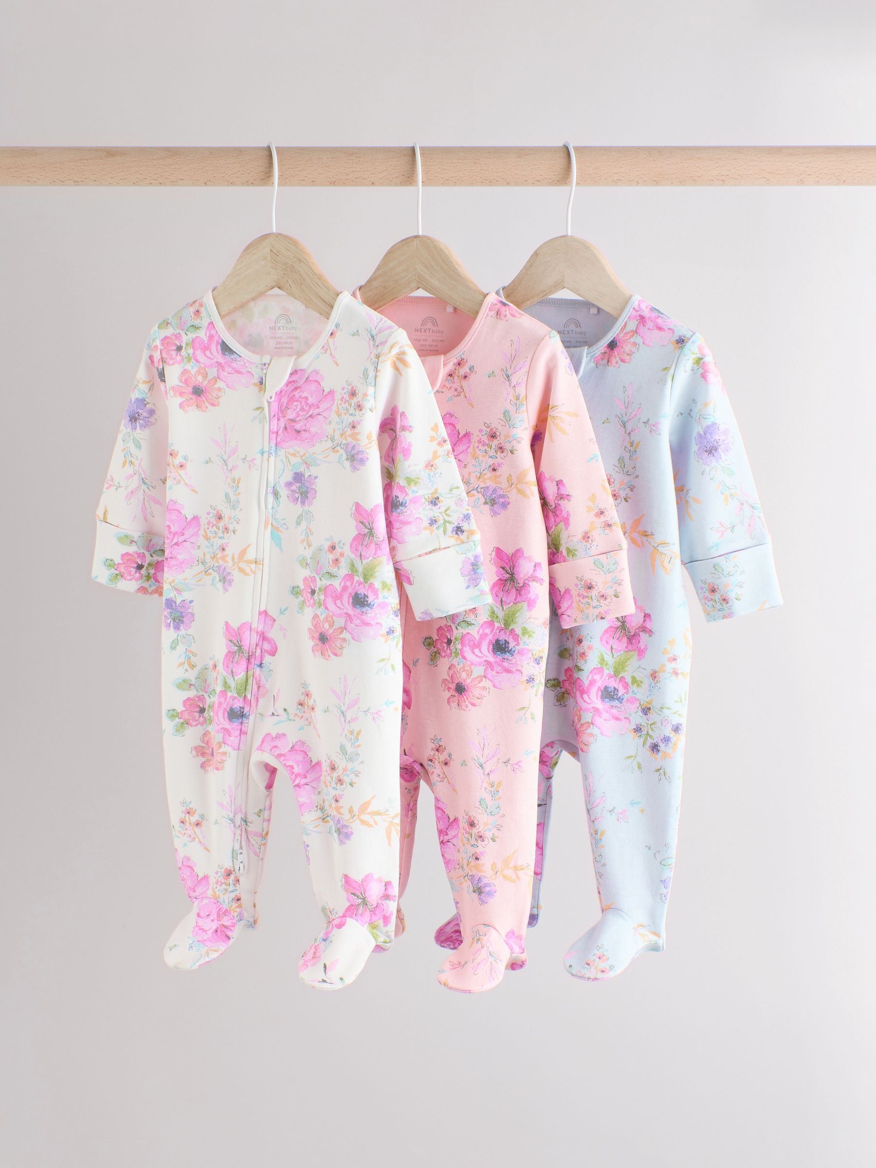 Pink Floral Baby Sleepsuits 3 Pack (0mths-2yrs)