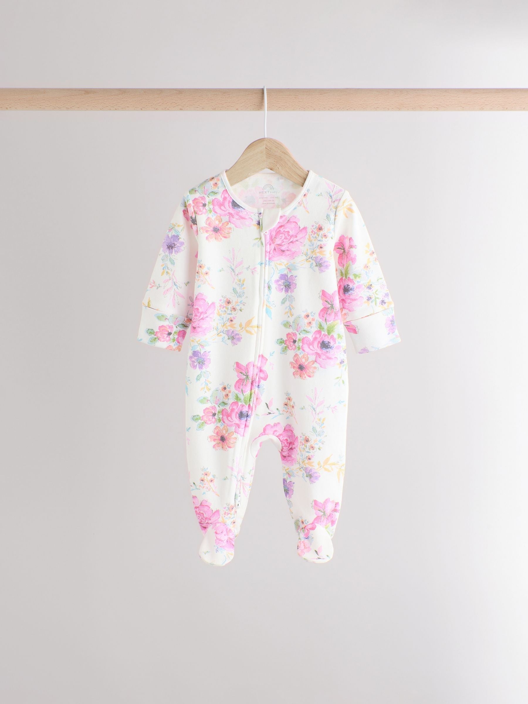 Pink Floral Baby Sleepsuits 3 Pack (0mths-2yrs)