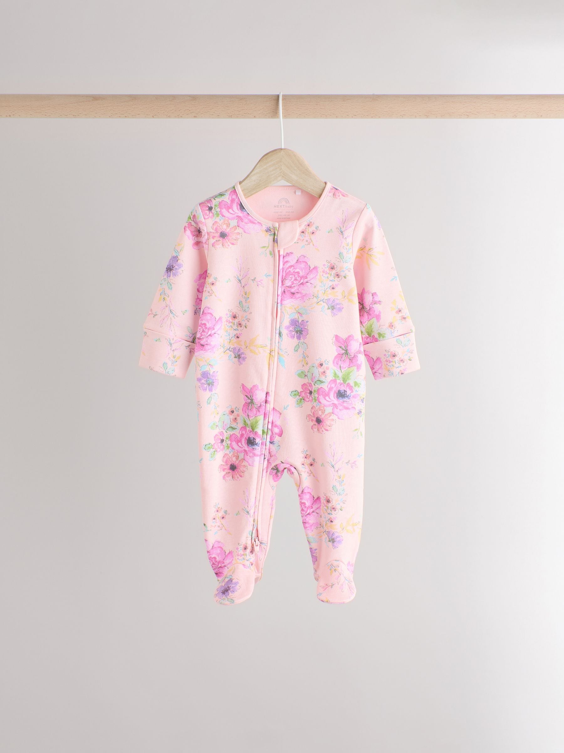 Pink Floral Baby Sleepsuits 3 Pack (0mths-2yrs)