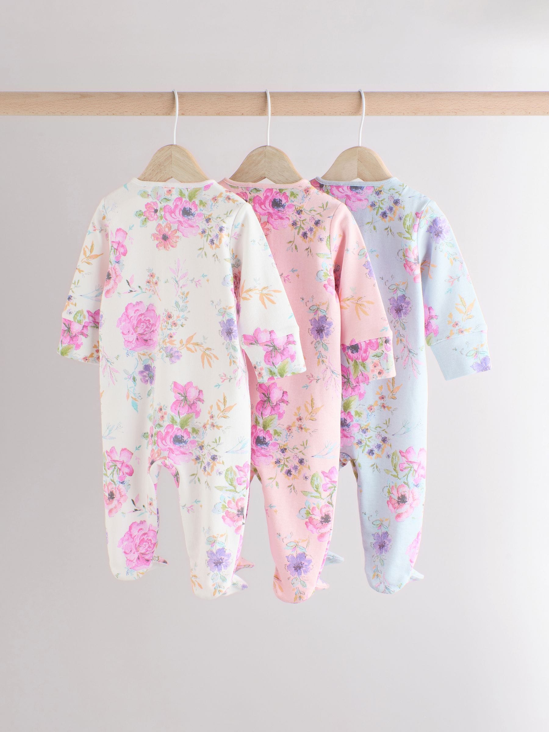 Pink Floral Baby Sleepsuits 3 Pack (0mths-2yrs)