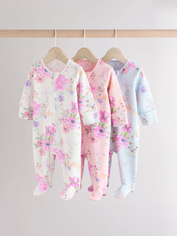 Pink Floral Baby 100% Cotton Sleepsuits 3 Pack (0mths-2yrs)