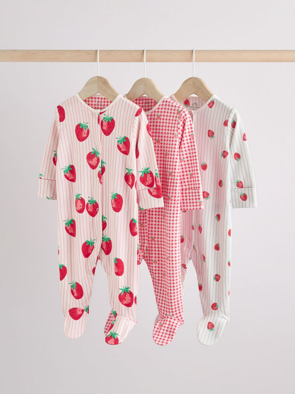 Red 100% Cotton Strawberry Baby Sleepsuits 3 Pack (0-3yrs)