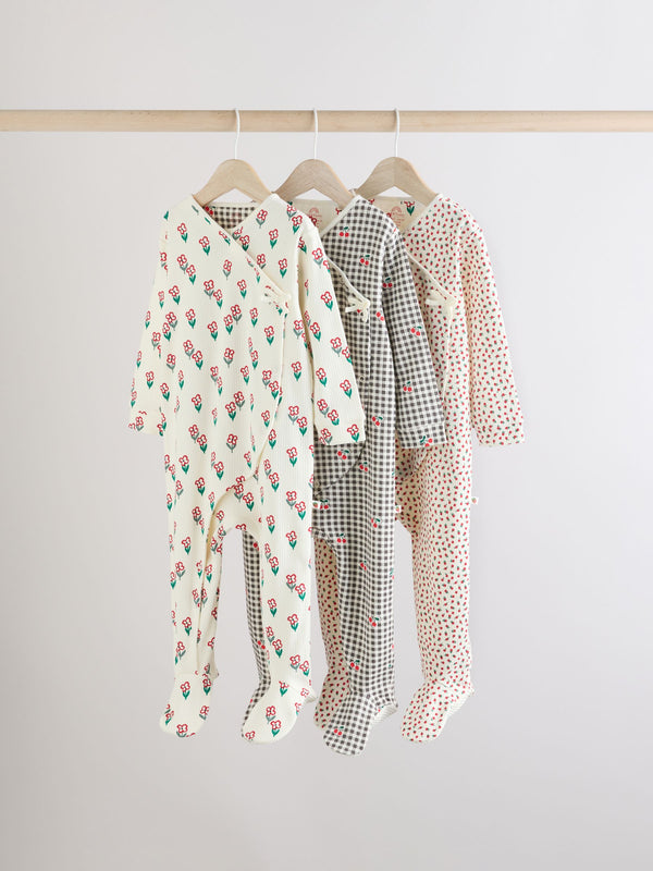 Cream/Red Popper Baby 100% Cotton Sleepsuits 3 Pack (0mths-2yrs)