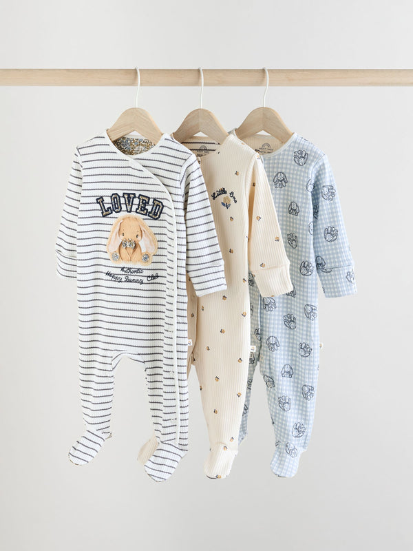 Blue/White Baby 100% Cotton Sleepsuits 3 Pack (0mths-2yrs)