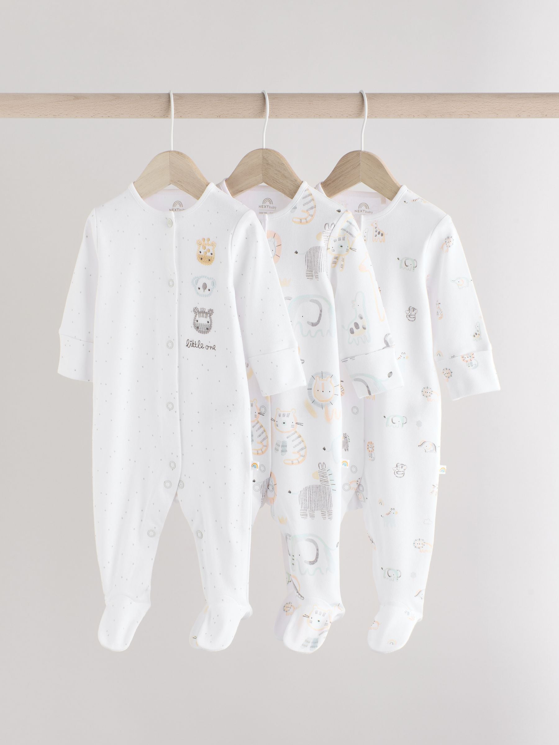 White Baby Animal Print 100% Cotton Sleepsuits 3 Pack (0-2yrs)