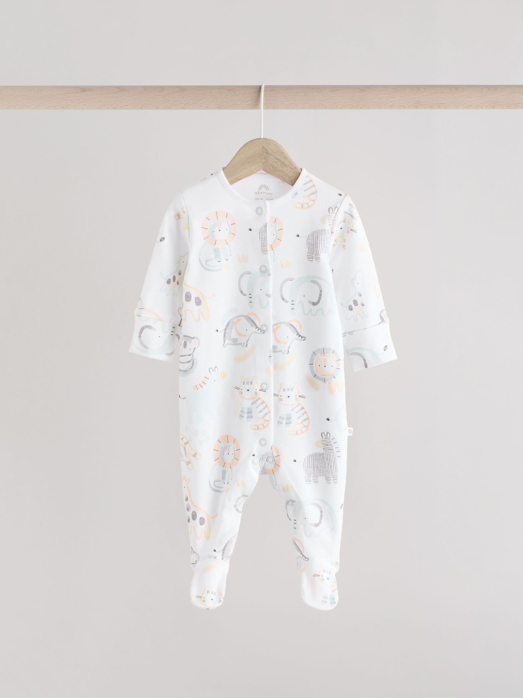 White Baby Animal Print 100% Cotton Sleepsuits 3 Pack (0-2yrs)