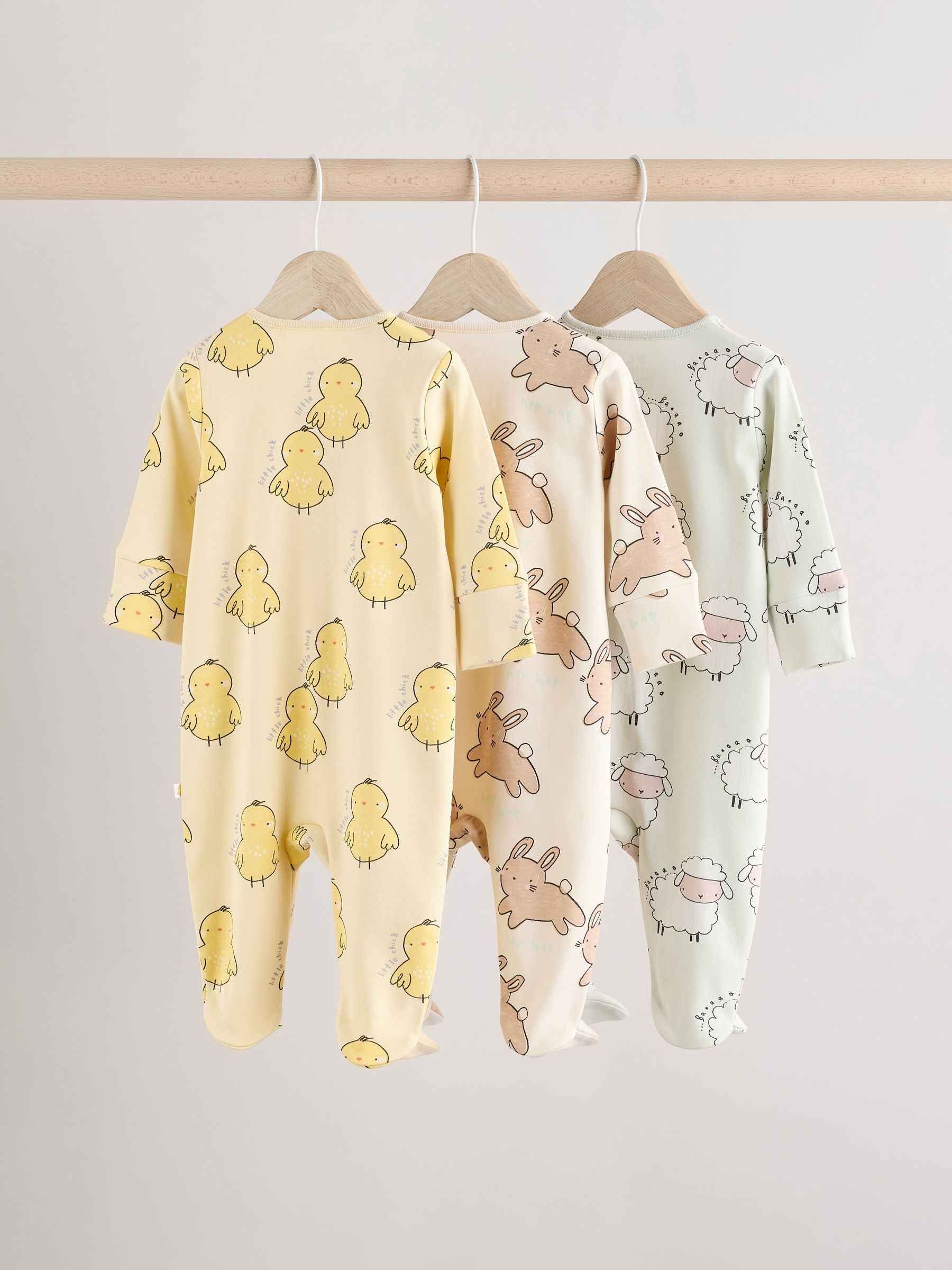 Yellow Baby Spring Two Way Zip 100% Cotton Sleepsuits 3 Pack (0mths-2yrs)