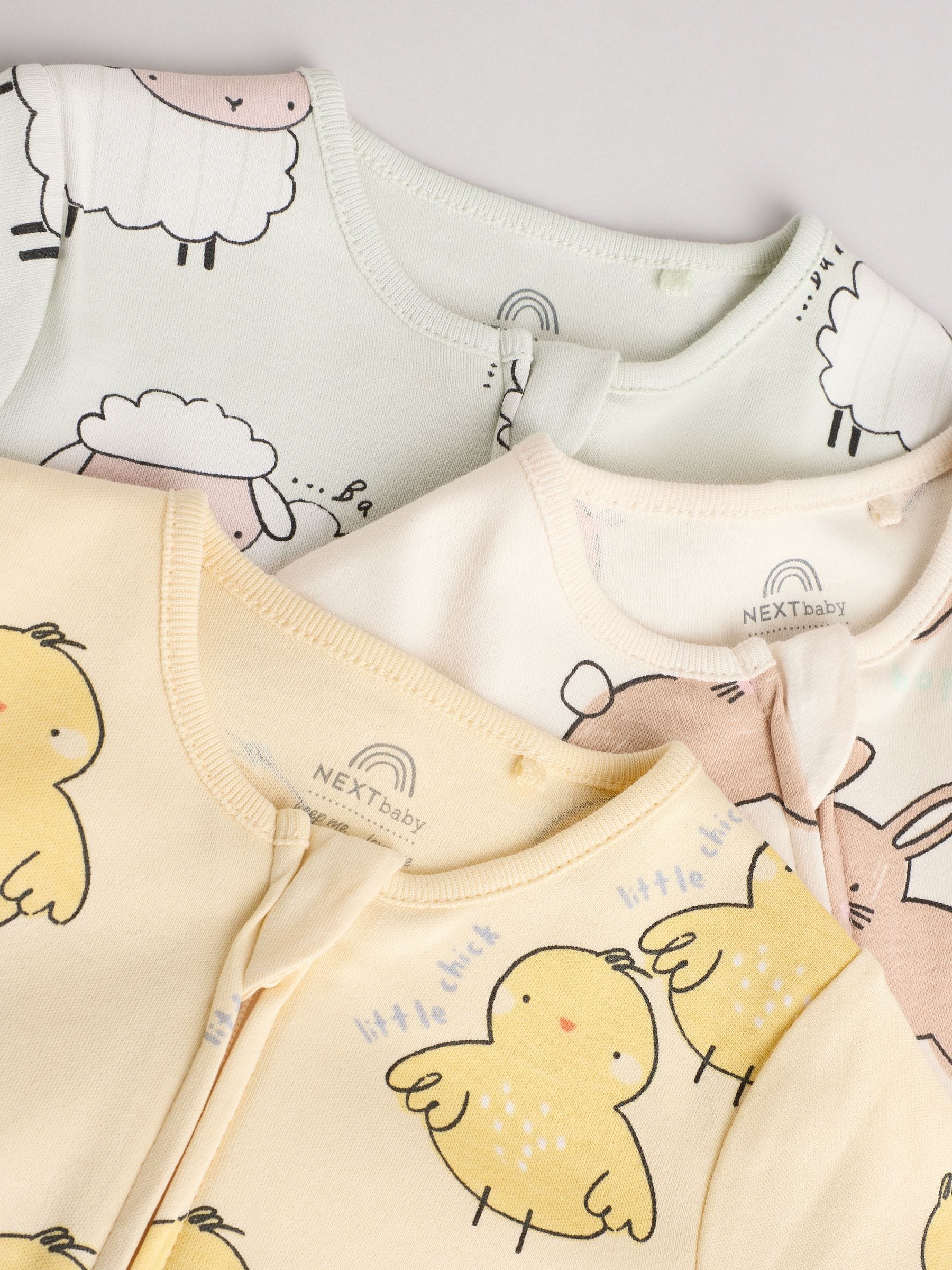 Yellow Baby Spring Two Way Zip 100% Cotton Sleepsuits 3 Pack (0mths-2yrs)