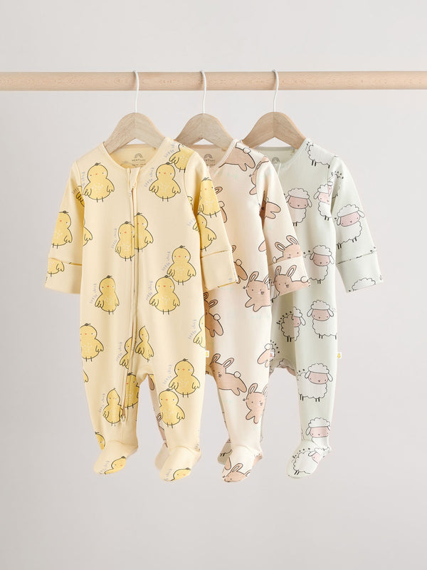 Yellow Baby Spring Two Way Zip 100% Cotton Sleepsuits 3 Pack (0mths-2yrs)