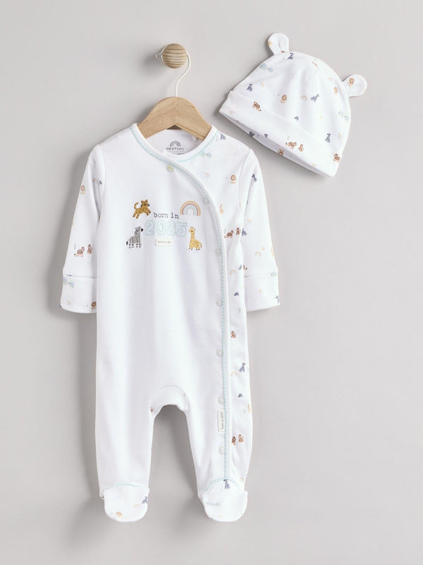 White Baby Born in 2025 100% Cotton Sleepsuit and Hat Set (0-9mths)