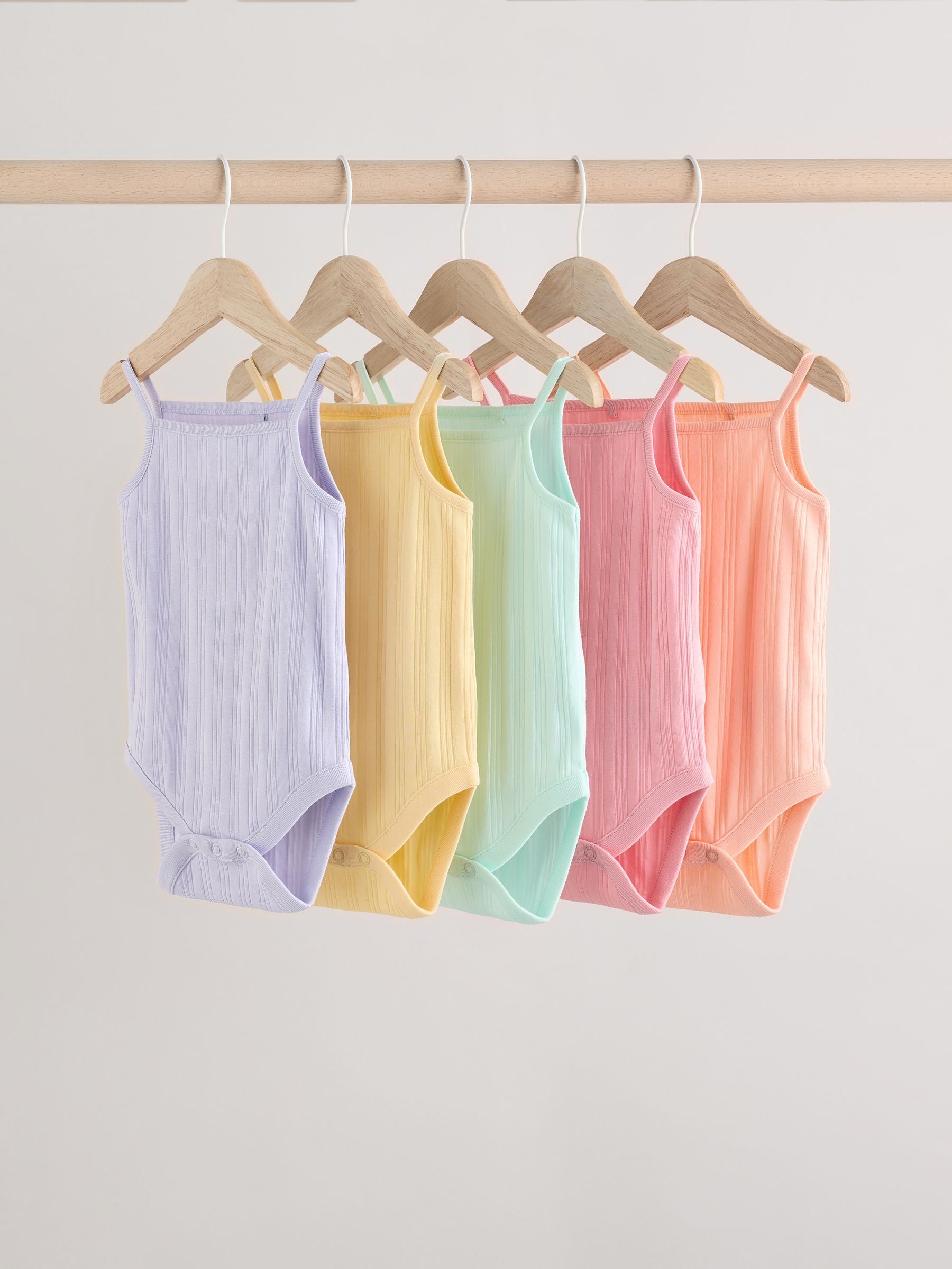 Pale pastels Ribbed Strappy Vest Baby 100% Cotton Bodysuits 5 Pack