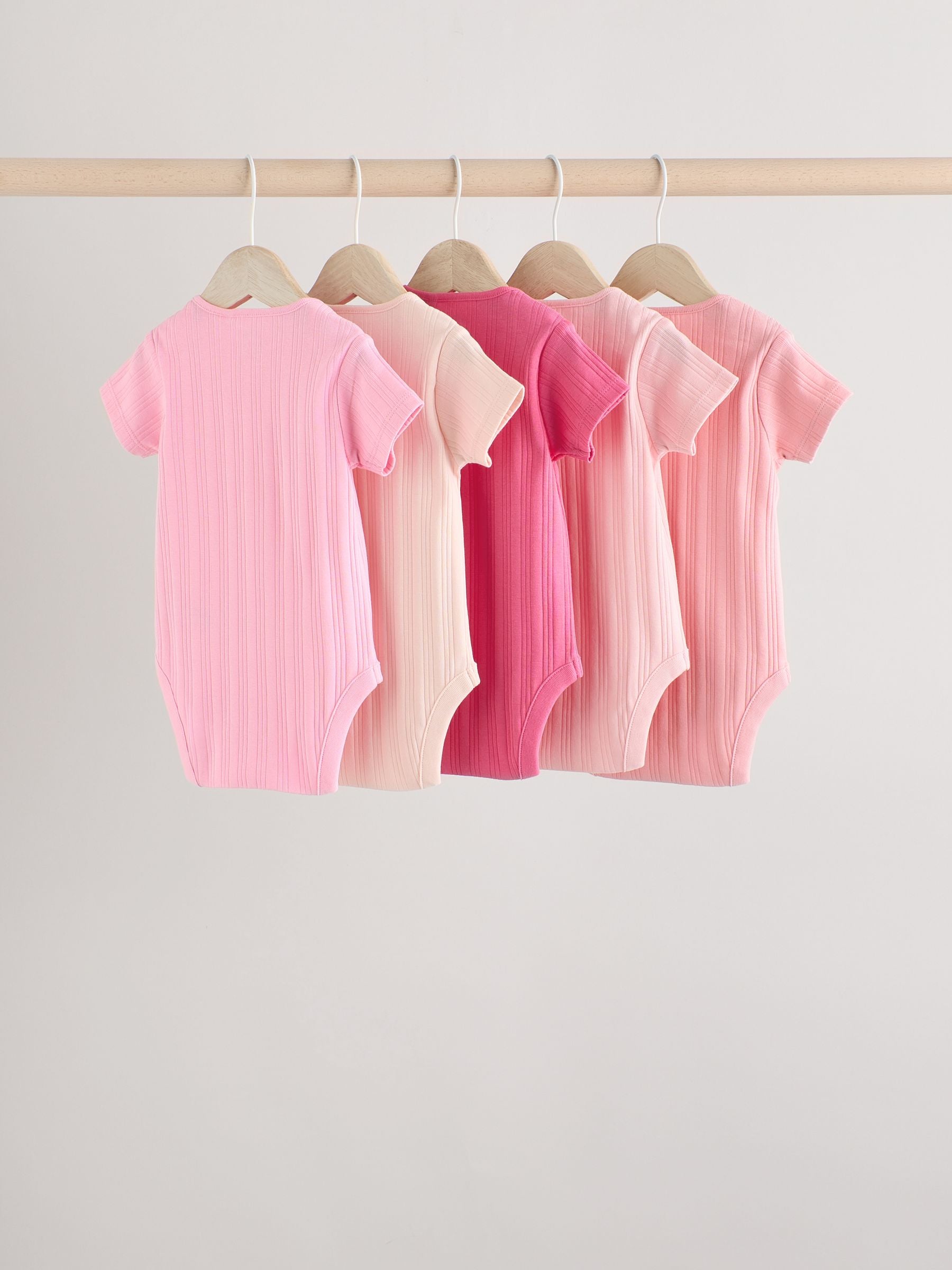 Bright Pink Baby Short Sleeve Ribbed 100% Cotton Bodysuits 5 Pack