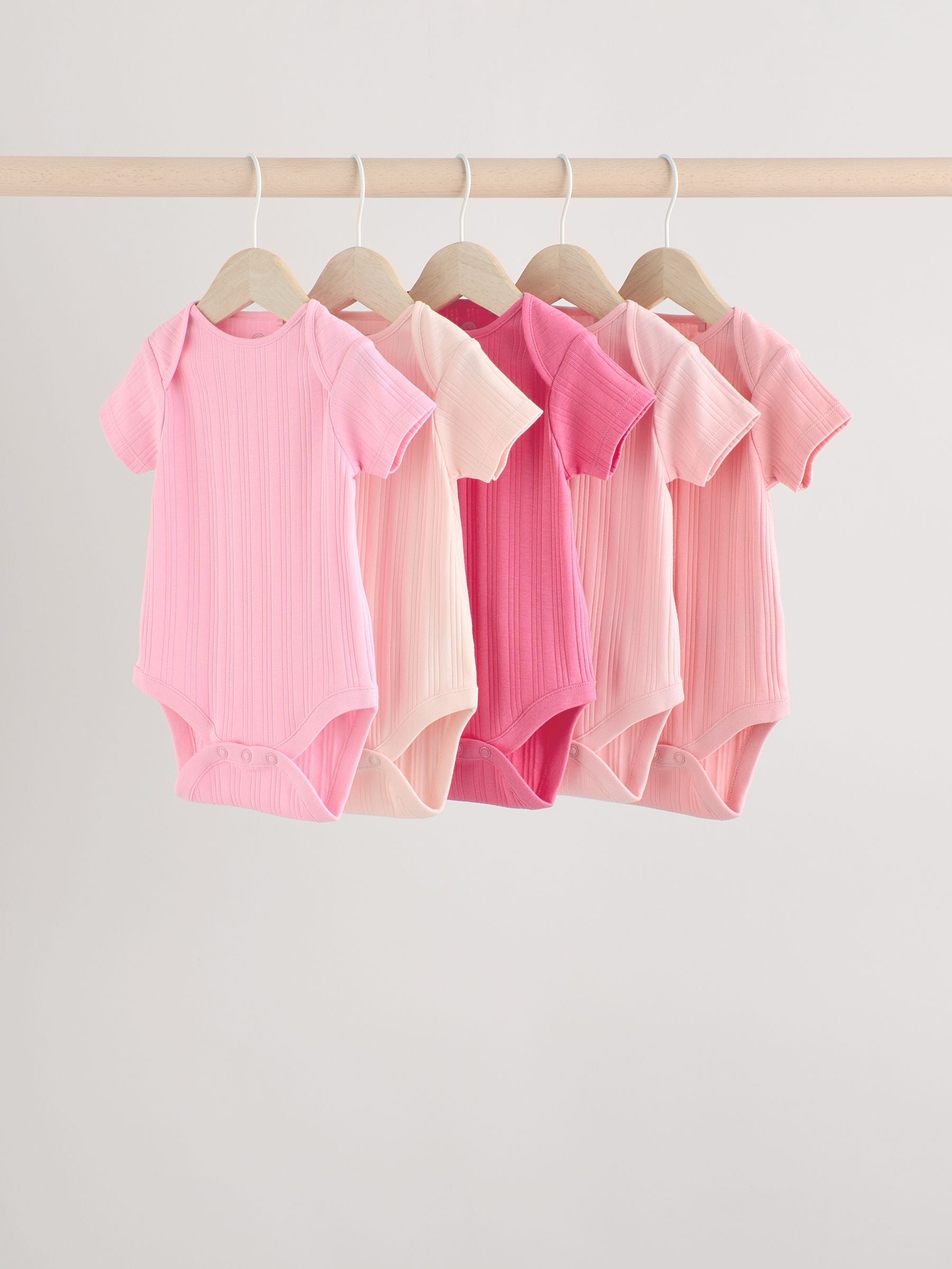 Bright Pink Baby Short Sleeve Ribbed 100% Cotton Bodysuits 5 Pack