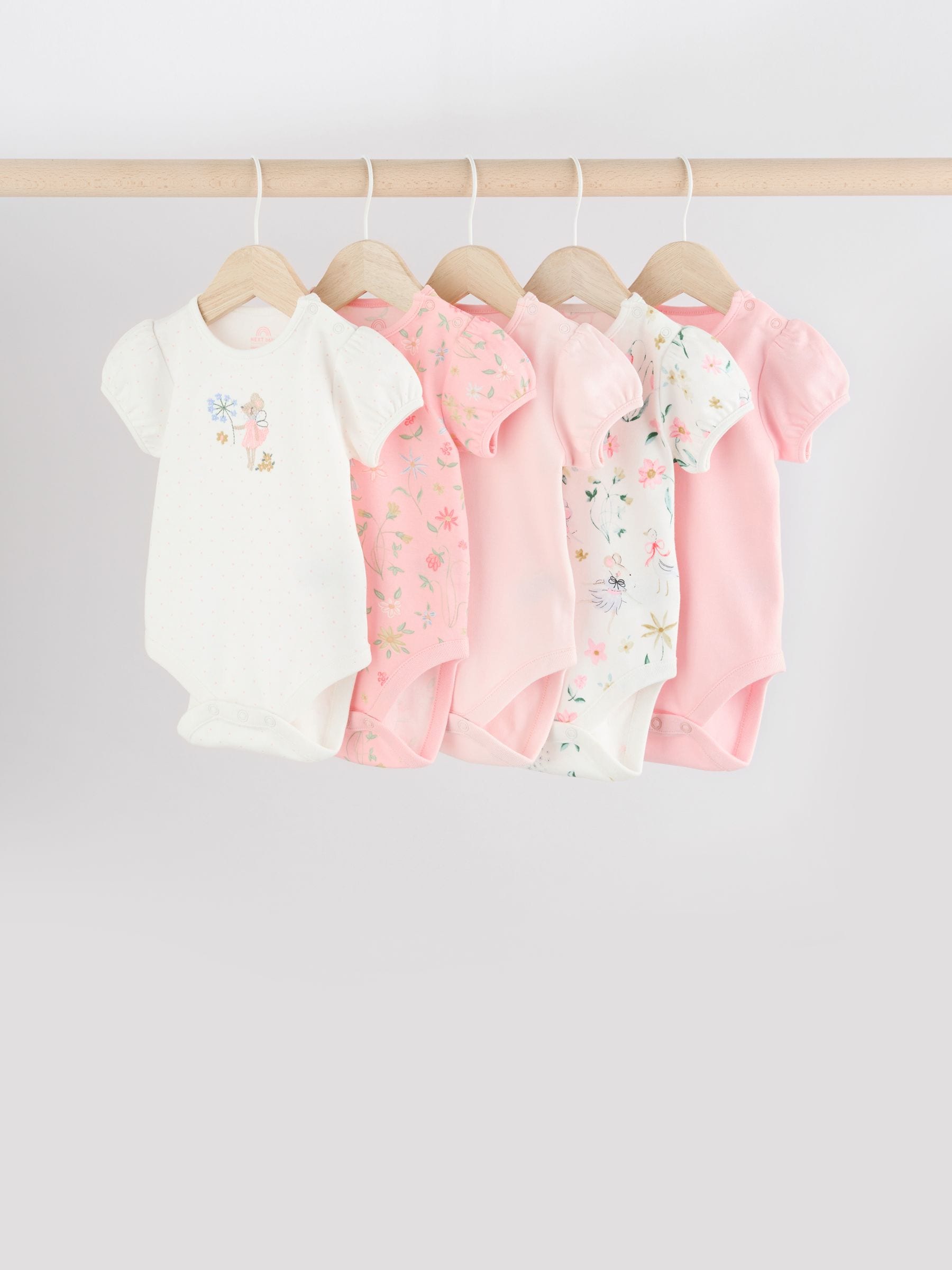 Pink Mouse 100% Cotton Short Sleeve Baby Bodysuits 5 Pack