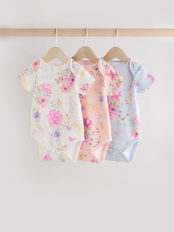 Pink Floral Print Baby Short Sleeve 100% Cotton Bodysuits 3 Pack