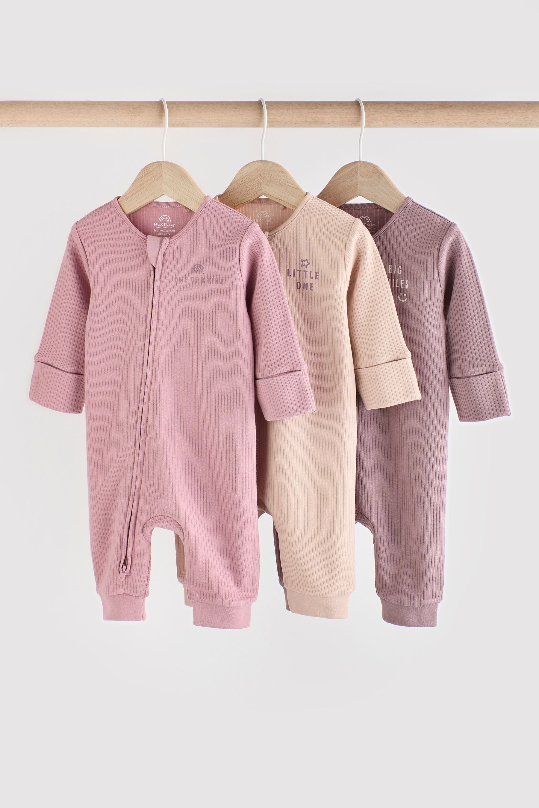 Pink Two Way Zip Baby Footless Sleepsuits 3 Pack (0mths-3yrs)