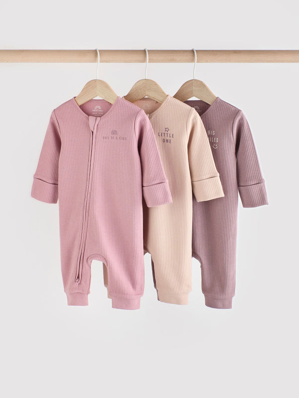 Pink/Purple 100% Cotton Two Way Zip Baby Sleepsuit 3 Pack (0mths-3yrs)