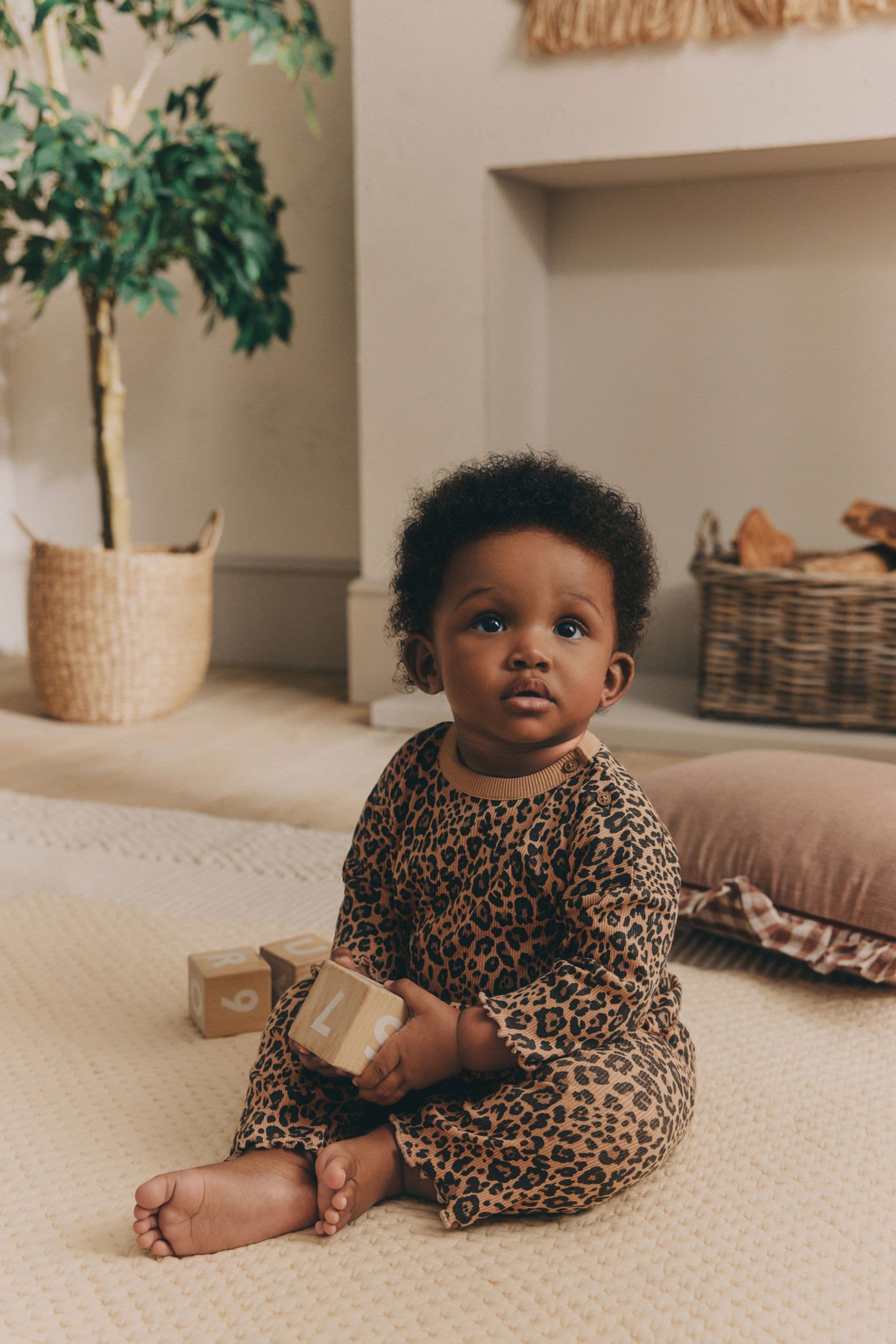 Tan Brown Leopard Print Baby Top and Wide Leg Trousers 2 Piece Set