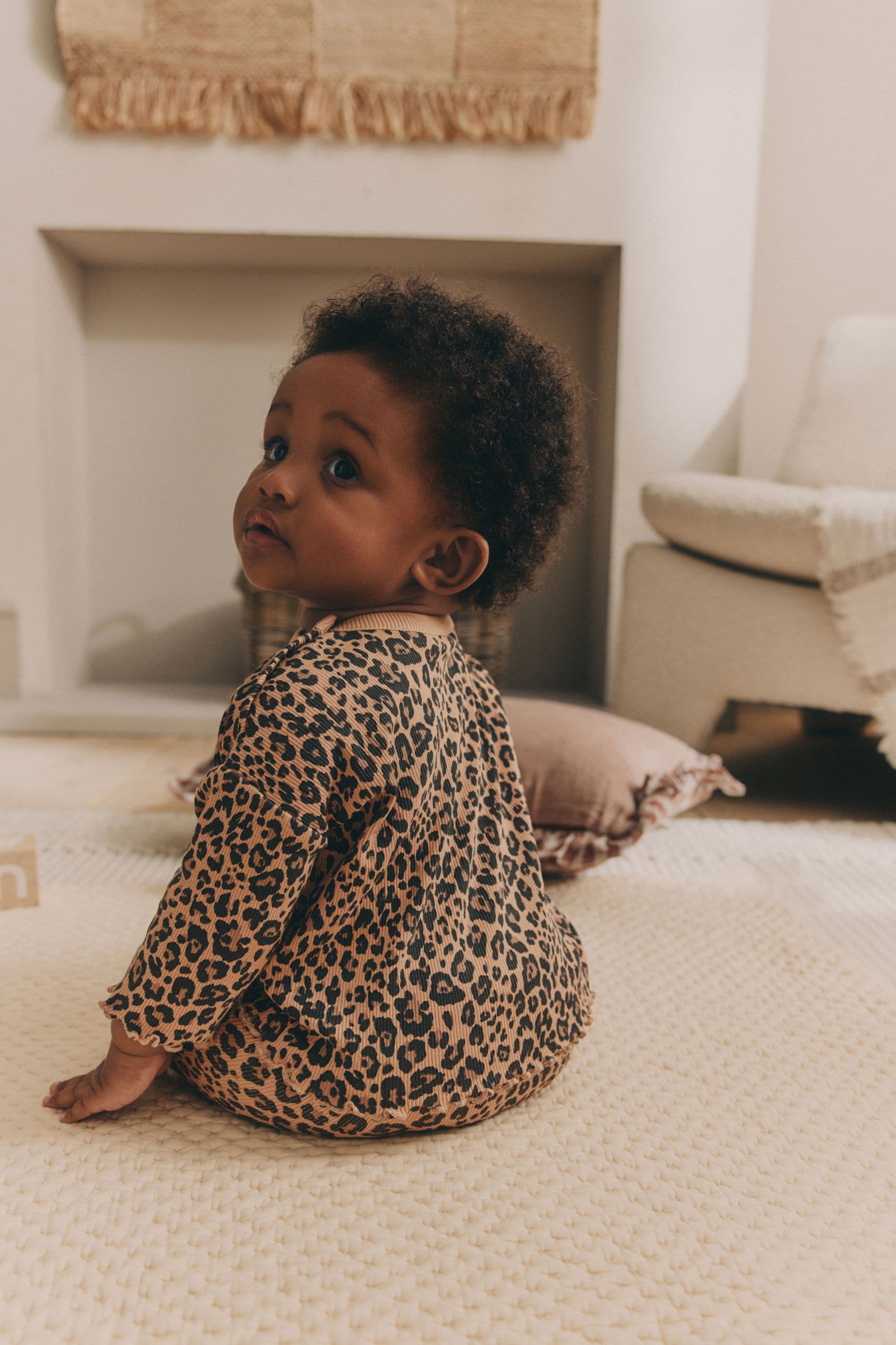 Tan Brown Leopard Print Baby Top and Wide Leg Trousers 2 Piece Set