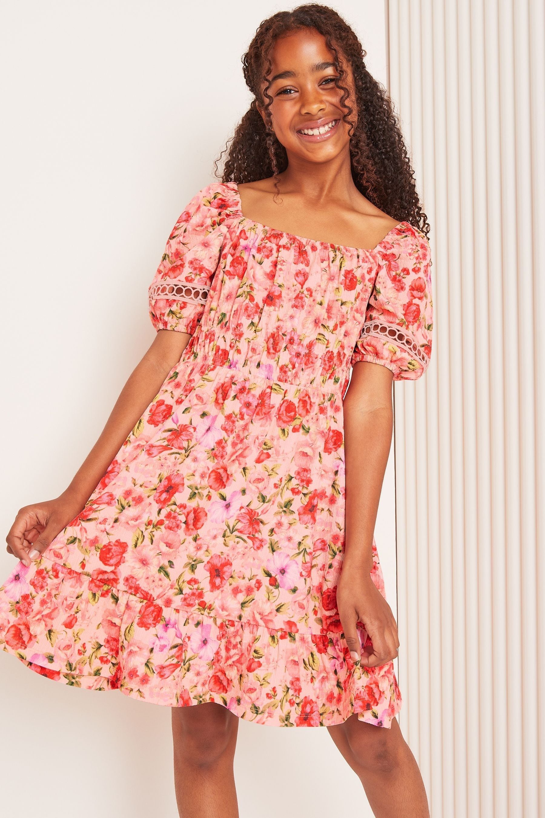 Pink Floral Lipsy Square Neck Jersey Crinkle Dress