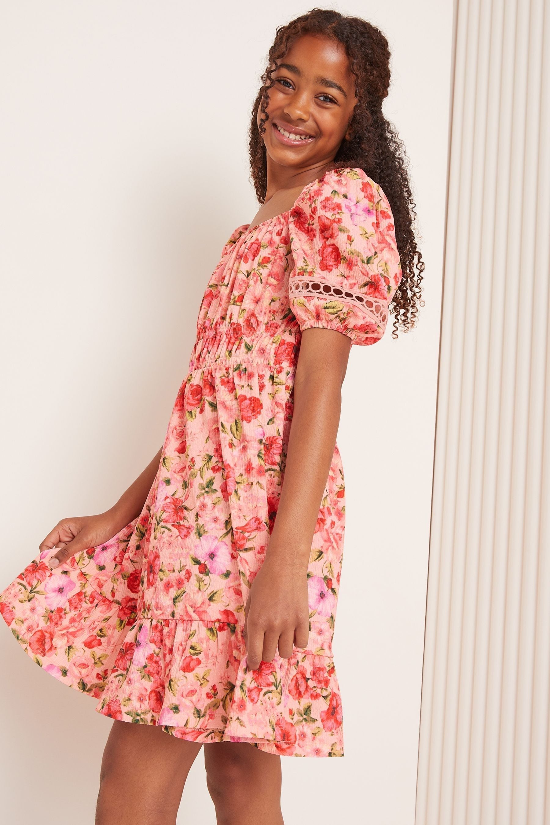 Pink Floral Lipsy Square Neck Jersey Crinkle Dress