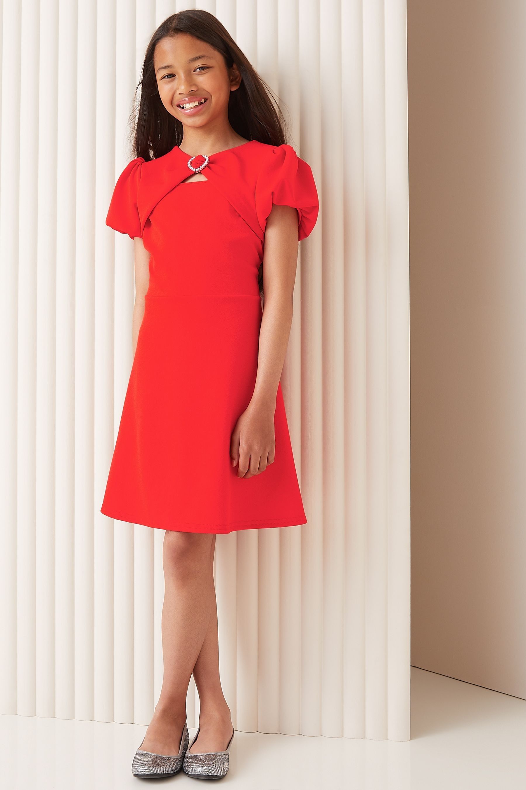 Red Cut Out Heart Trim Puff Sleeve Dress (5-16yrs)