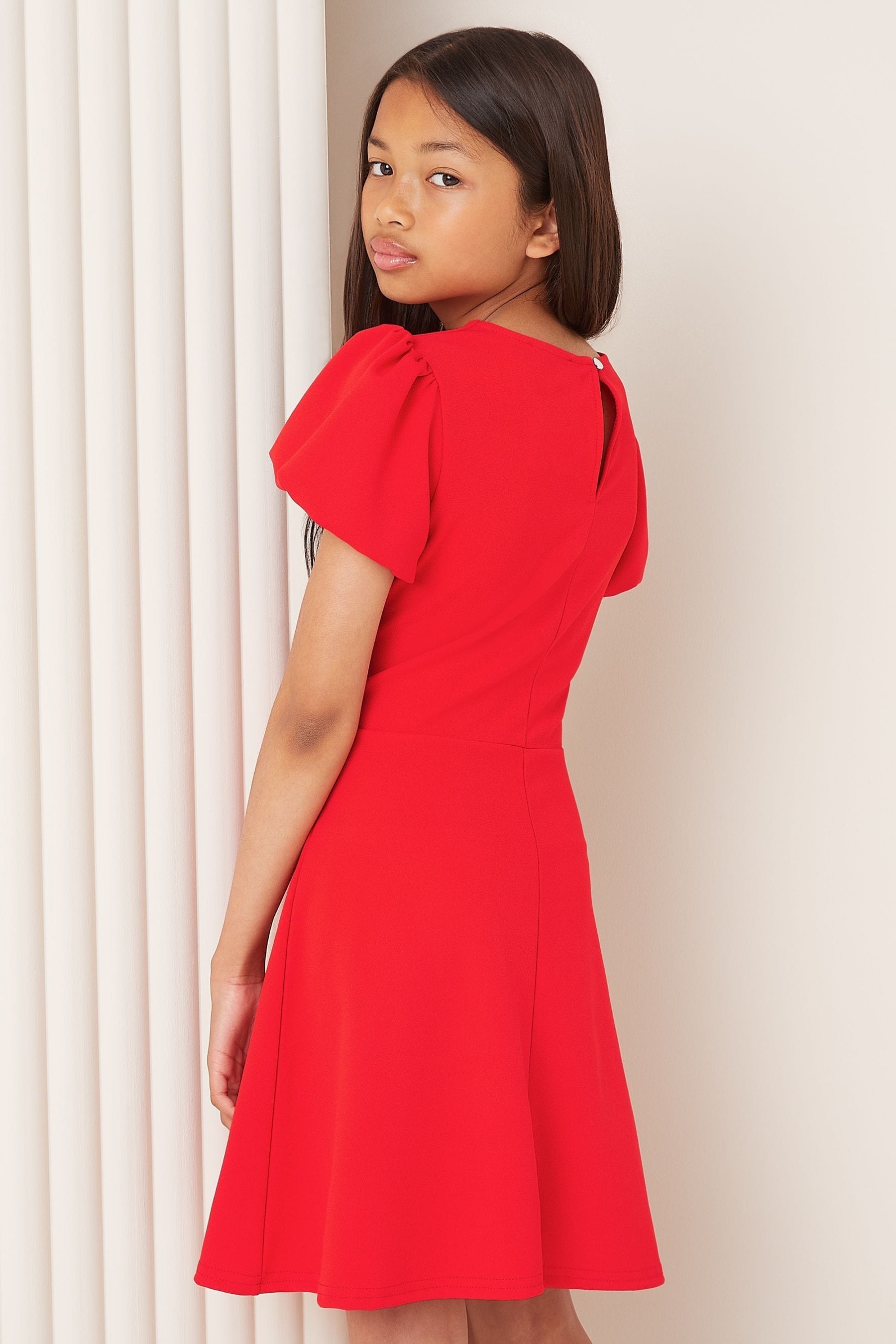 Lipsy Red Cut Out Heart Trim Puff Sleeve Dress (5-16yrs)