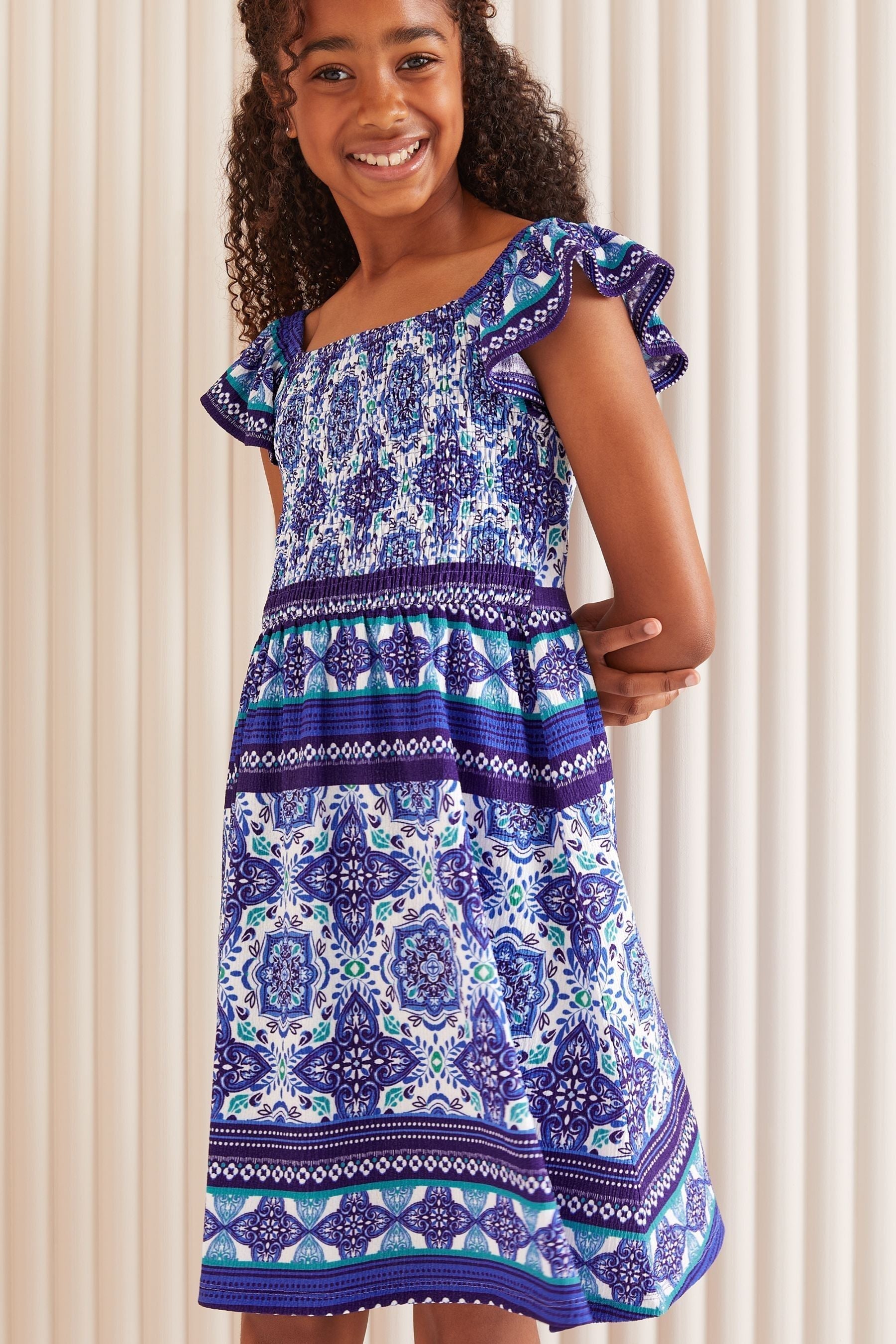 Blue Square Neck Jersey Crinkle Dress