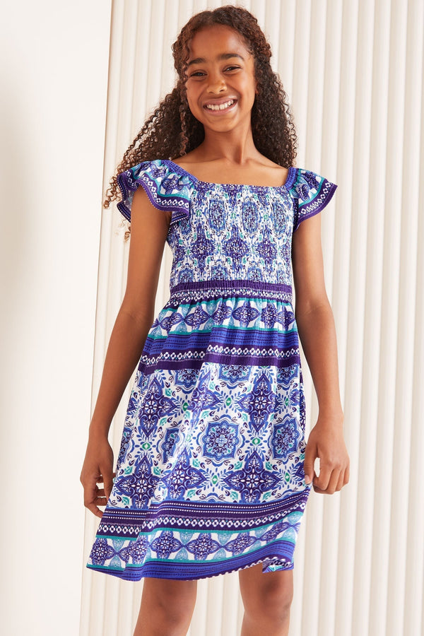 Blue Square Neck Jersey Crinkle Dress