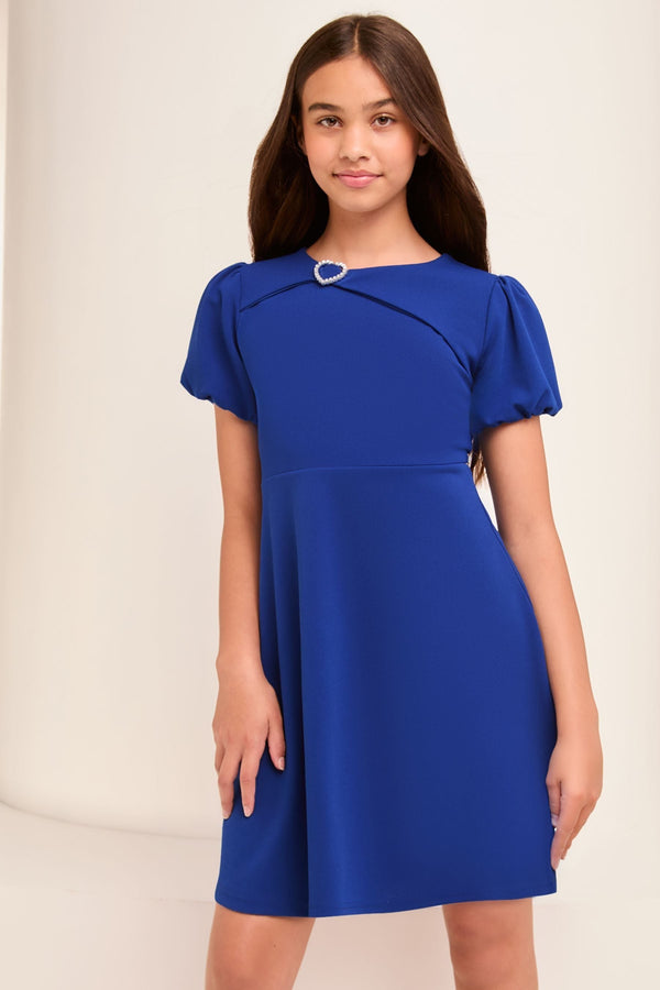 Blue Heart Trim Puff Sleeve Dress (5-16yrs)