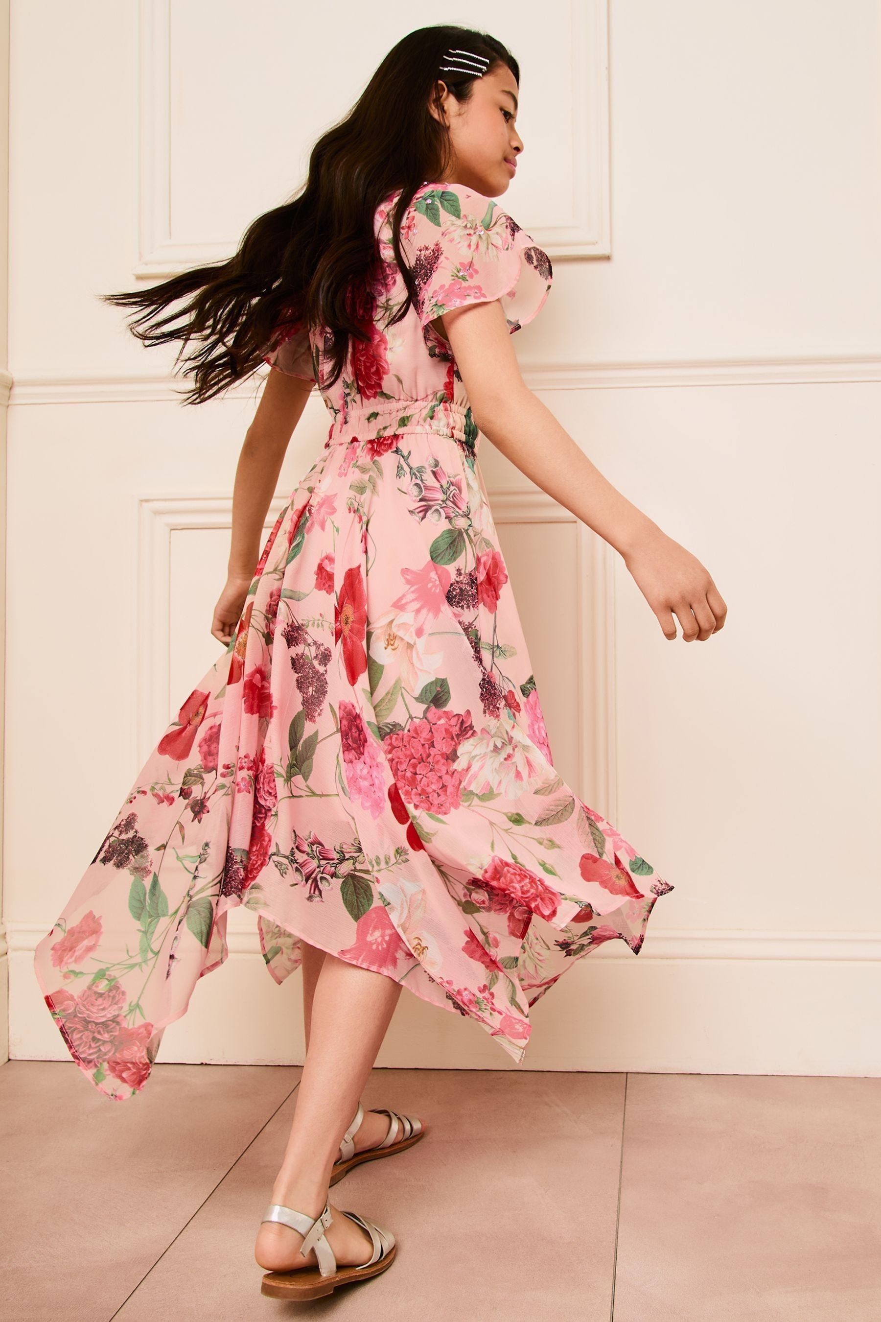 Lipsy Pink Floral Sequin Chiffon Hanky Hem Occasion Dress (5-16yrs)