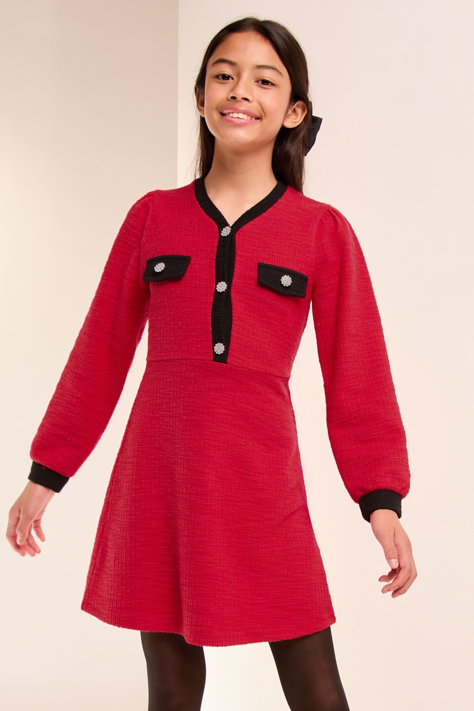 Lipsy Red Long Sleeve Boucle Dress (5-16yrs)