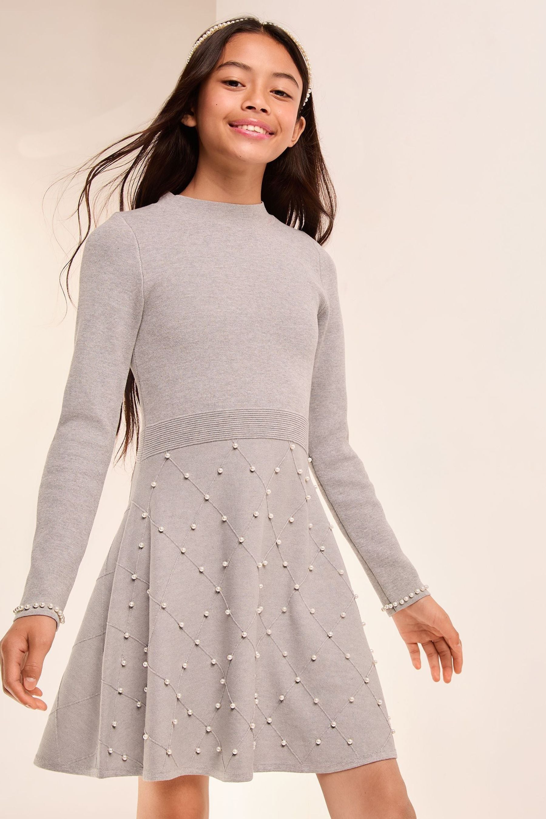 Lipsy Grey Pearl Detail Knitted Dress (5-16yrs)