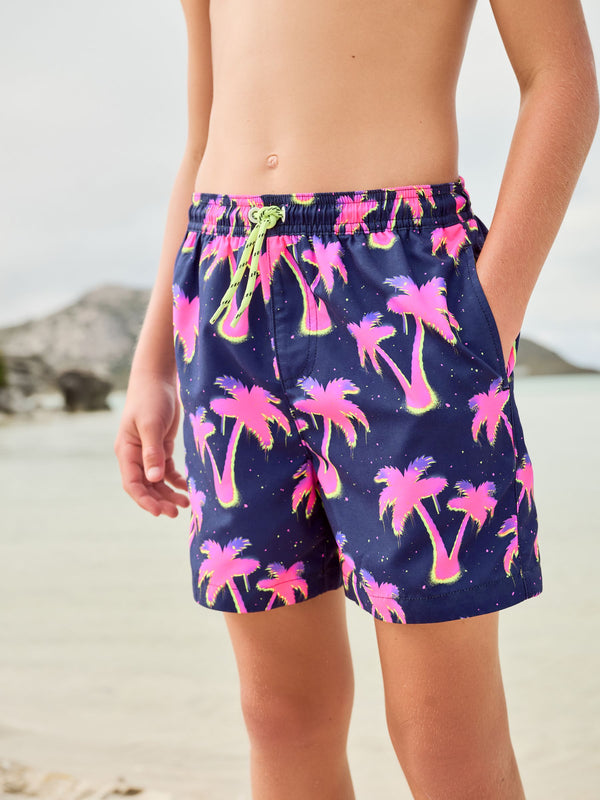 Pink Palm Tree Printed Swim Shorts (3-16yrs)