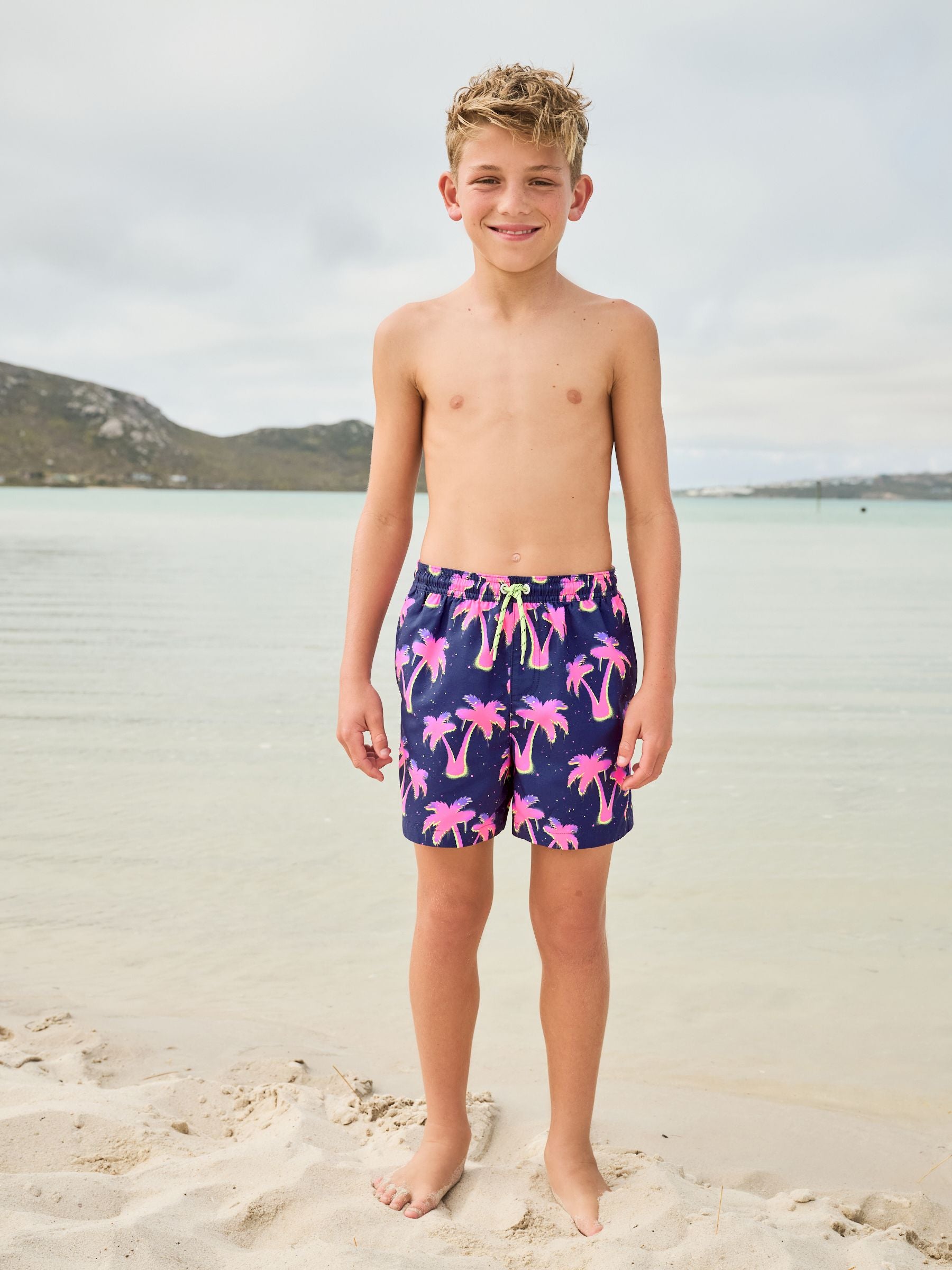 Pink Palm Tree Printed Swim Shorts (3-16yrs)