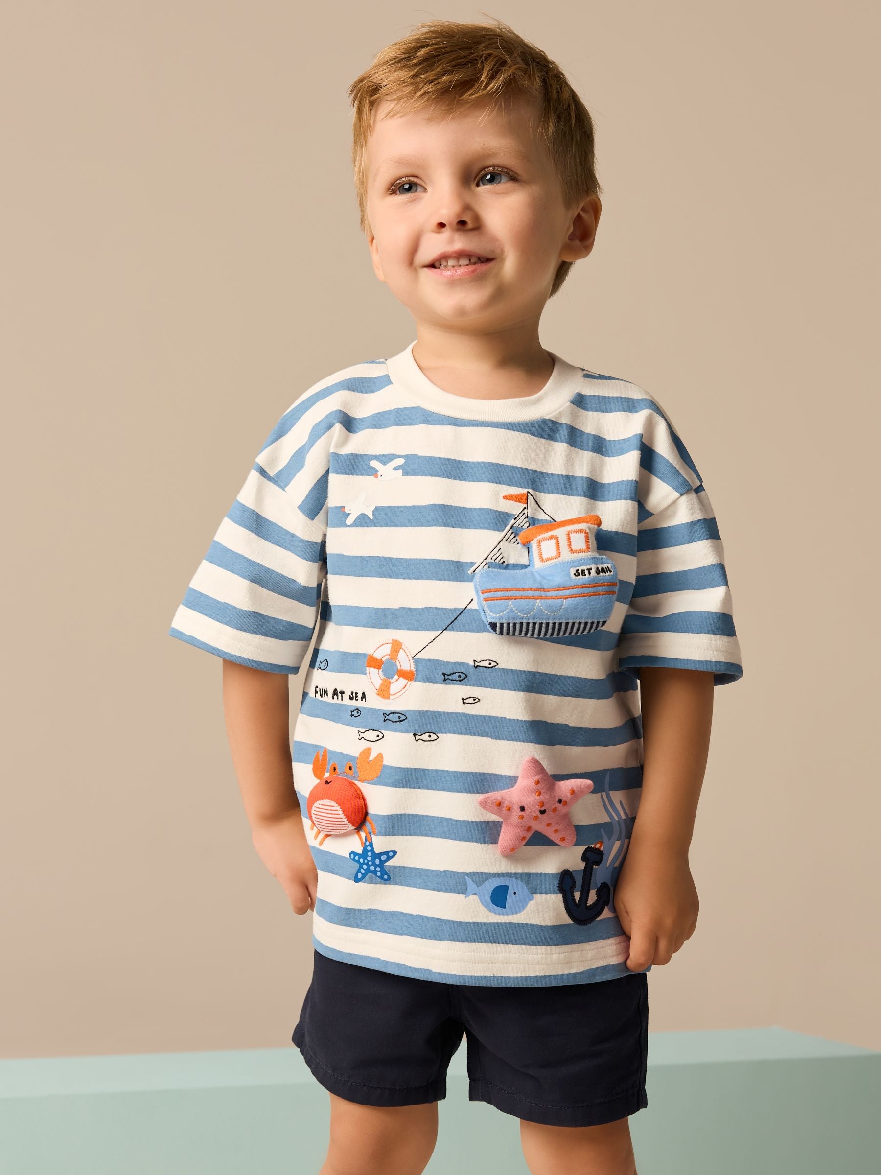 Blue Stripe 100% Cotton Short Sleeve 3D Padded Character T-Shirt (3mths-7yrs)