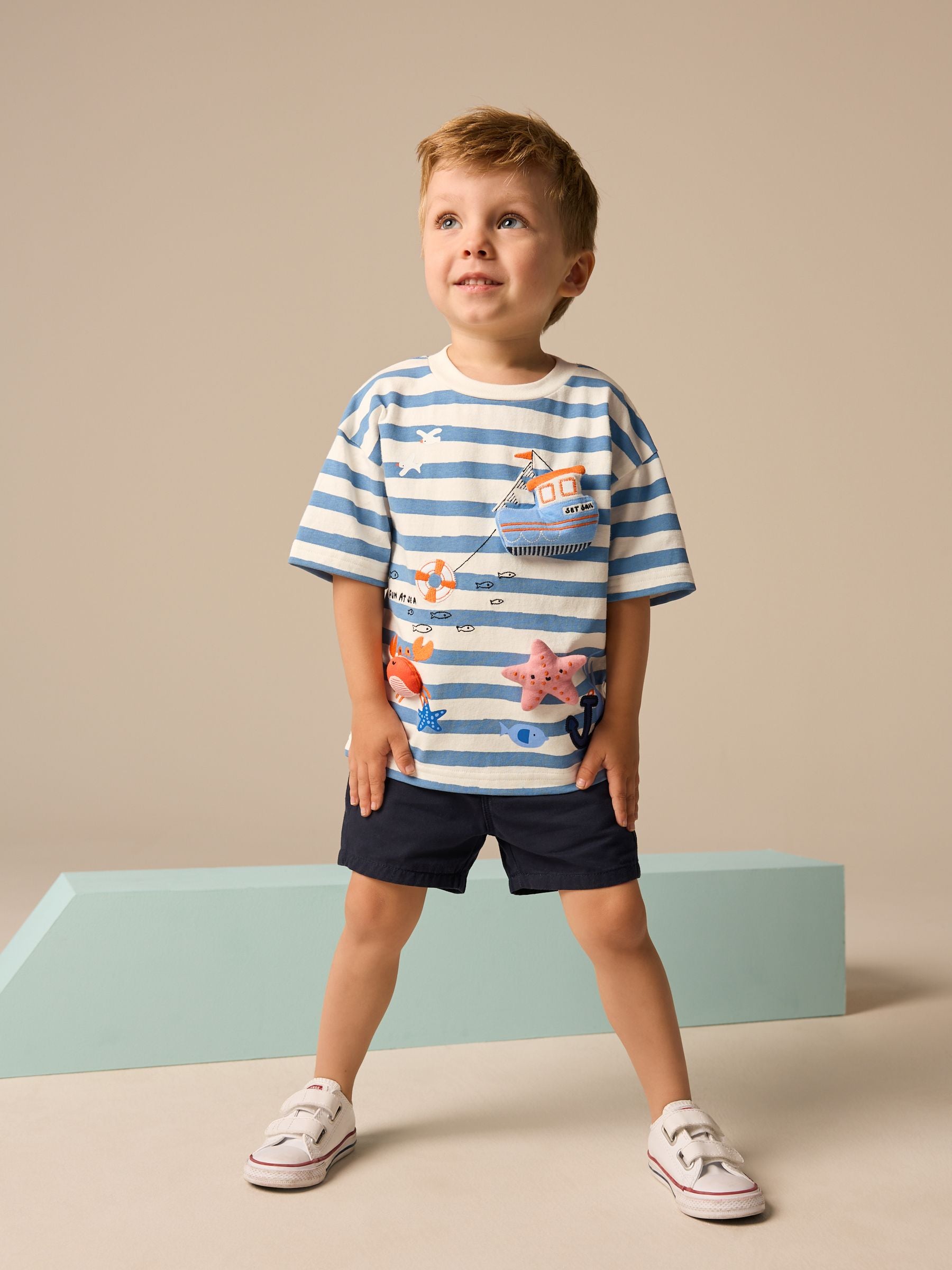 Blue Stripe 100% Cotton Short Sleeve 3D Padded Character T-Shirt (3mths-7yrs)