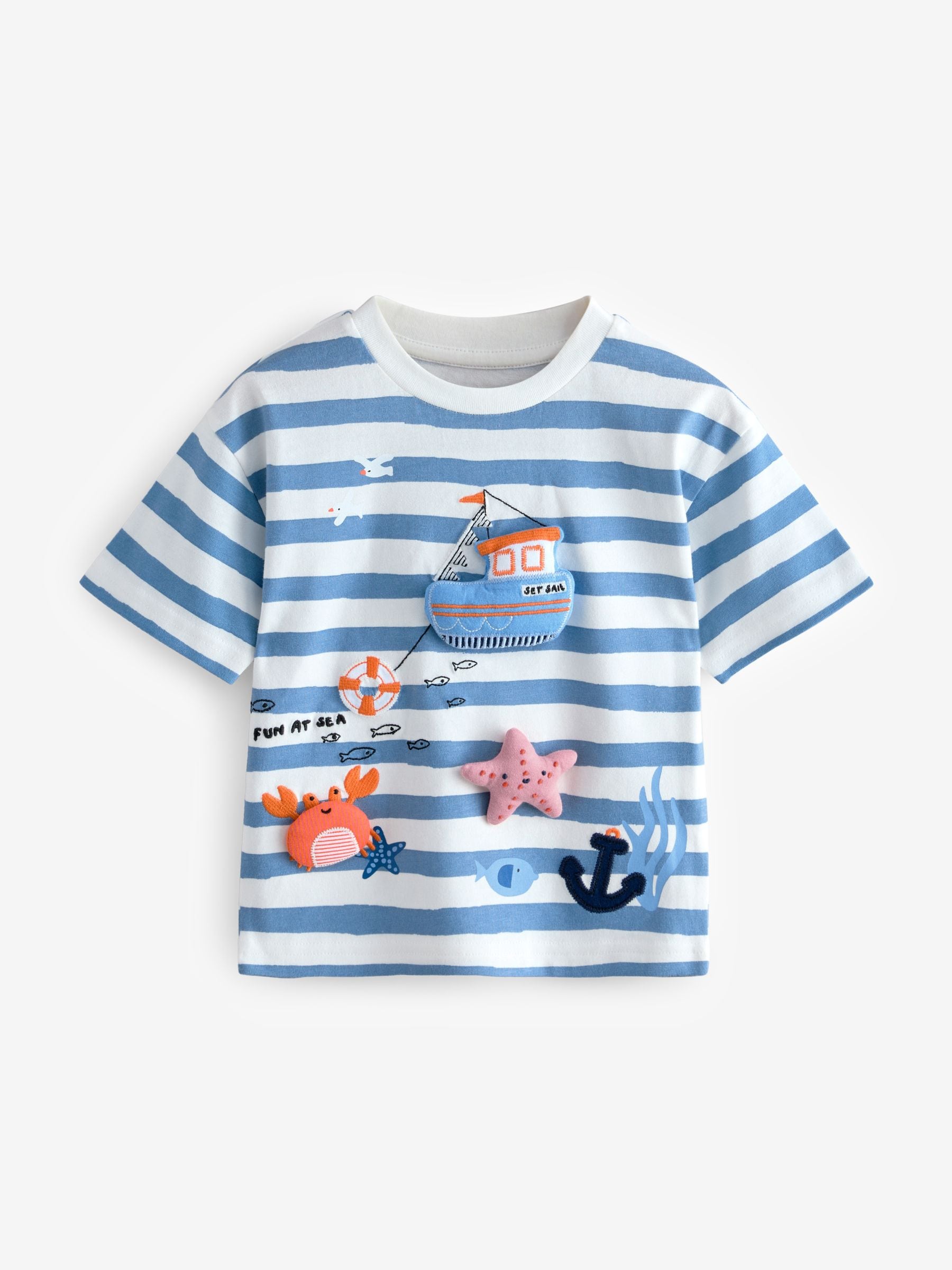 Blue Stripe 100% Cotton Short Sleeve 3D Padded Character T-Shirt (3mths-7yrs)