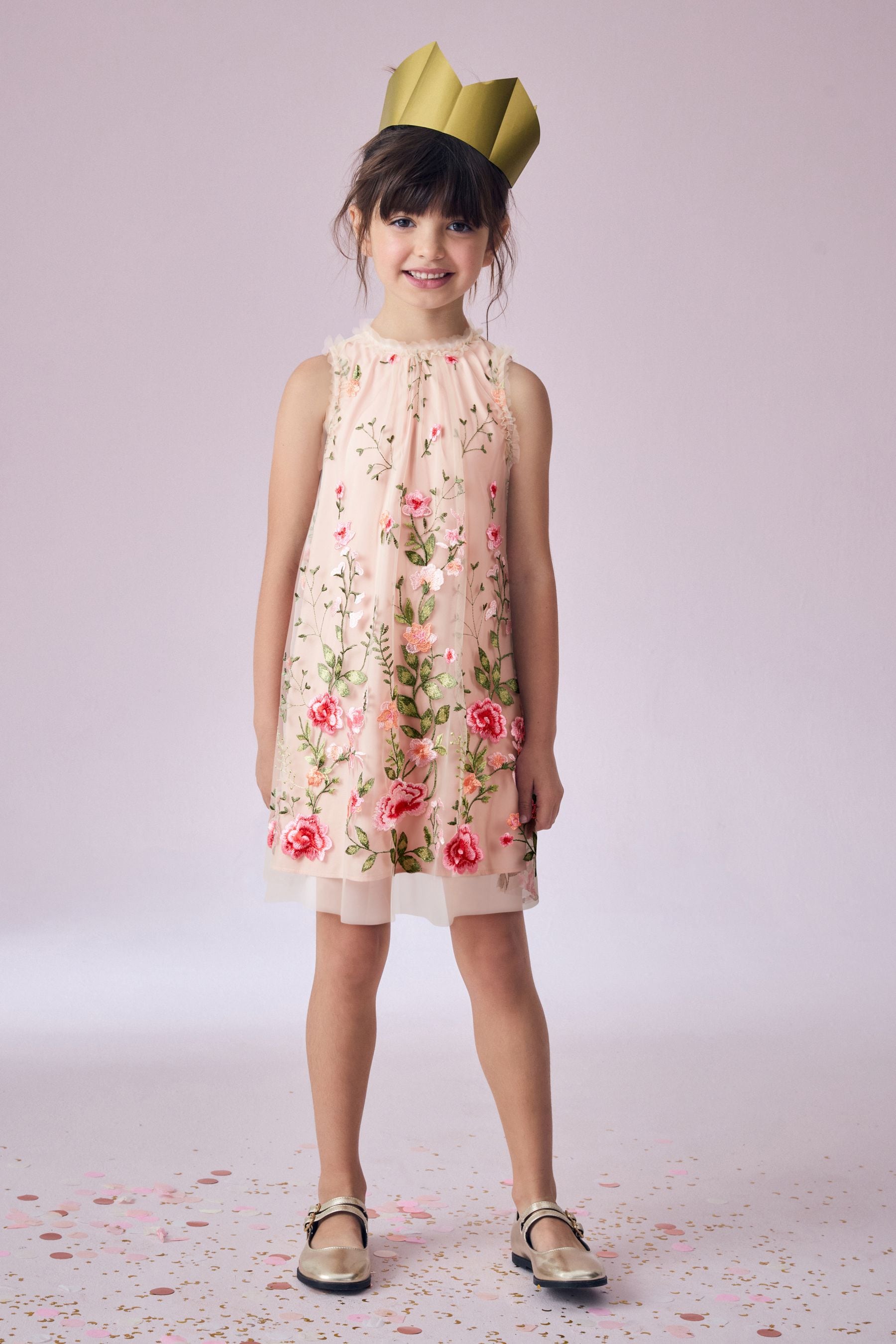 Pink Embroidered Mesh Dress (3-16yrs)