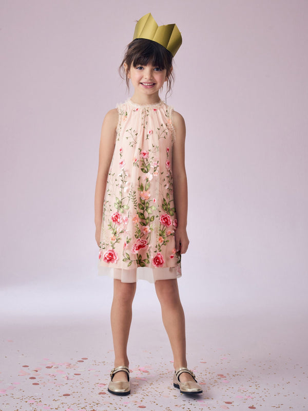 Pink Embroidered Mesh Dress (3-16yrs)