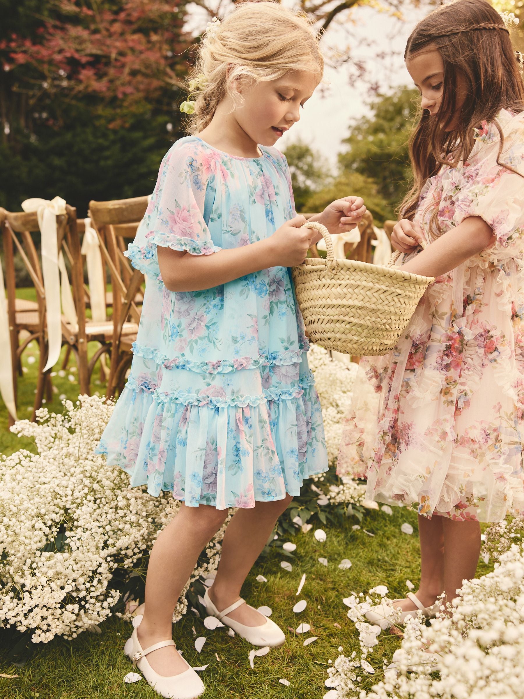 Blue Floral Angel Sleeve Chiffon Dress (3-16yrs)