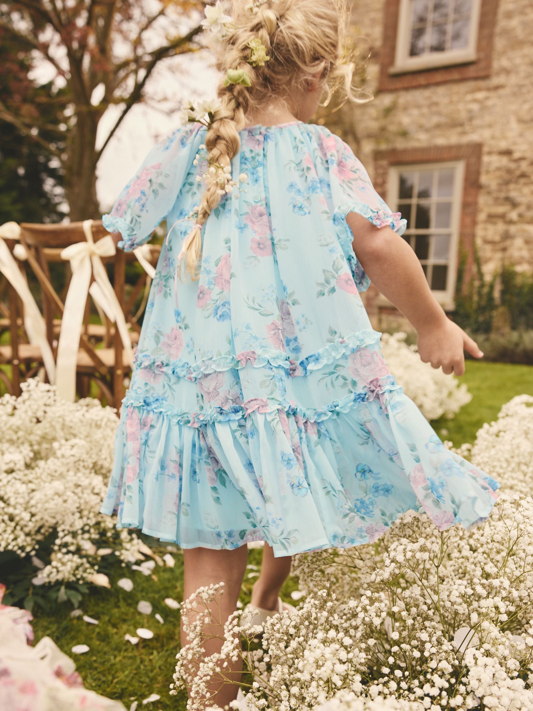 Blue Floral Angel Sleeve Chiffon Dress (3-16yrs)