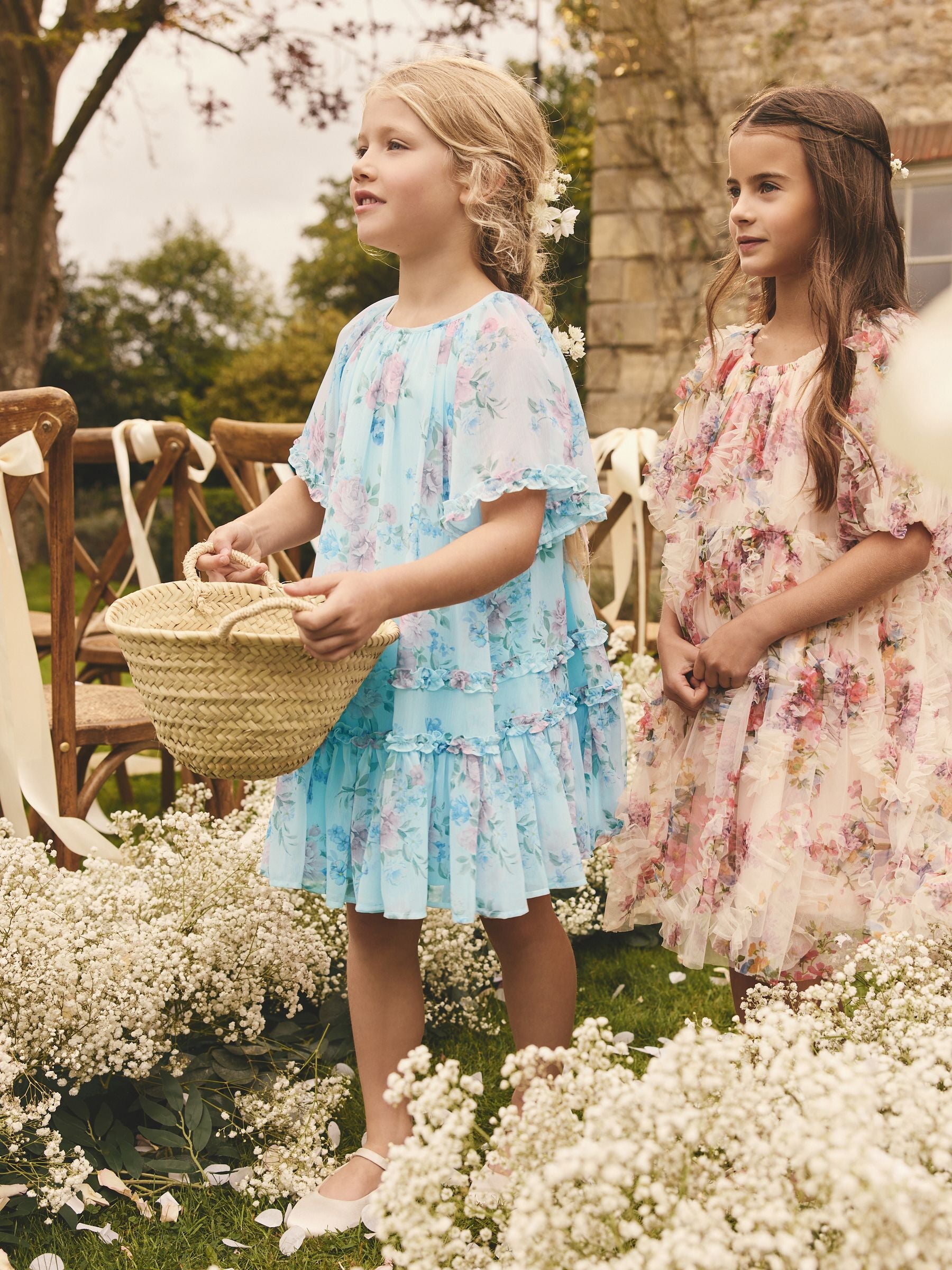 Blue Floral Angel Sleeve Chiffon Dress (3-16yrs)