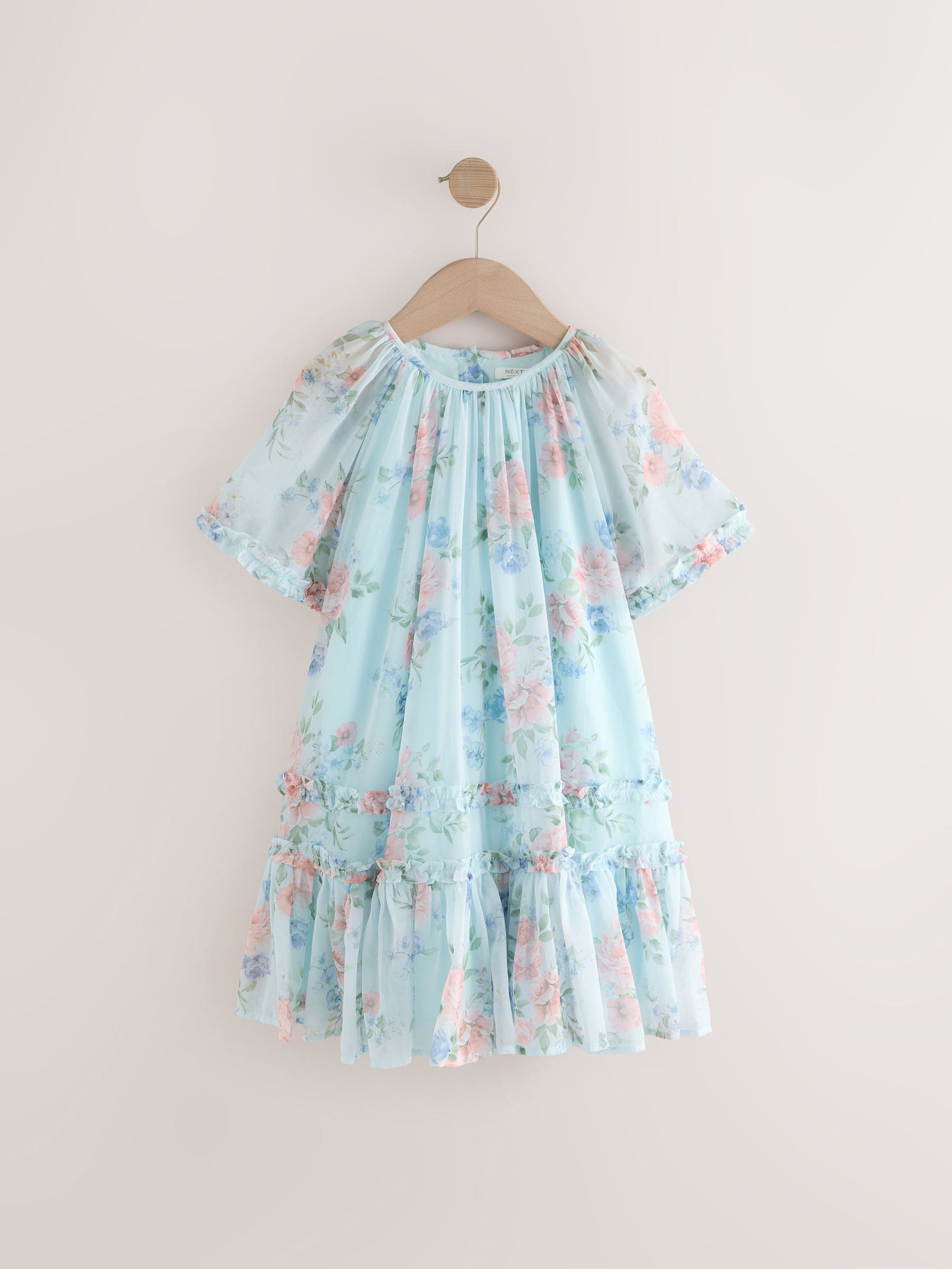 Blue Floral Angel Sleeve Chiffon Dress (3-16yrs)