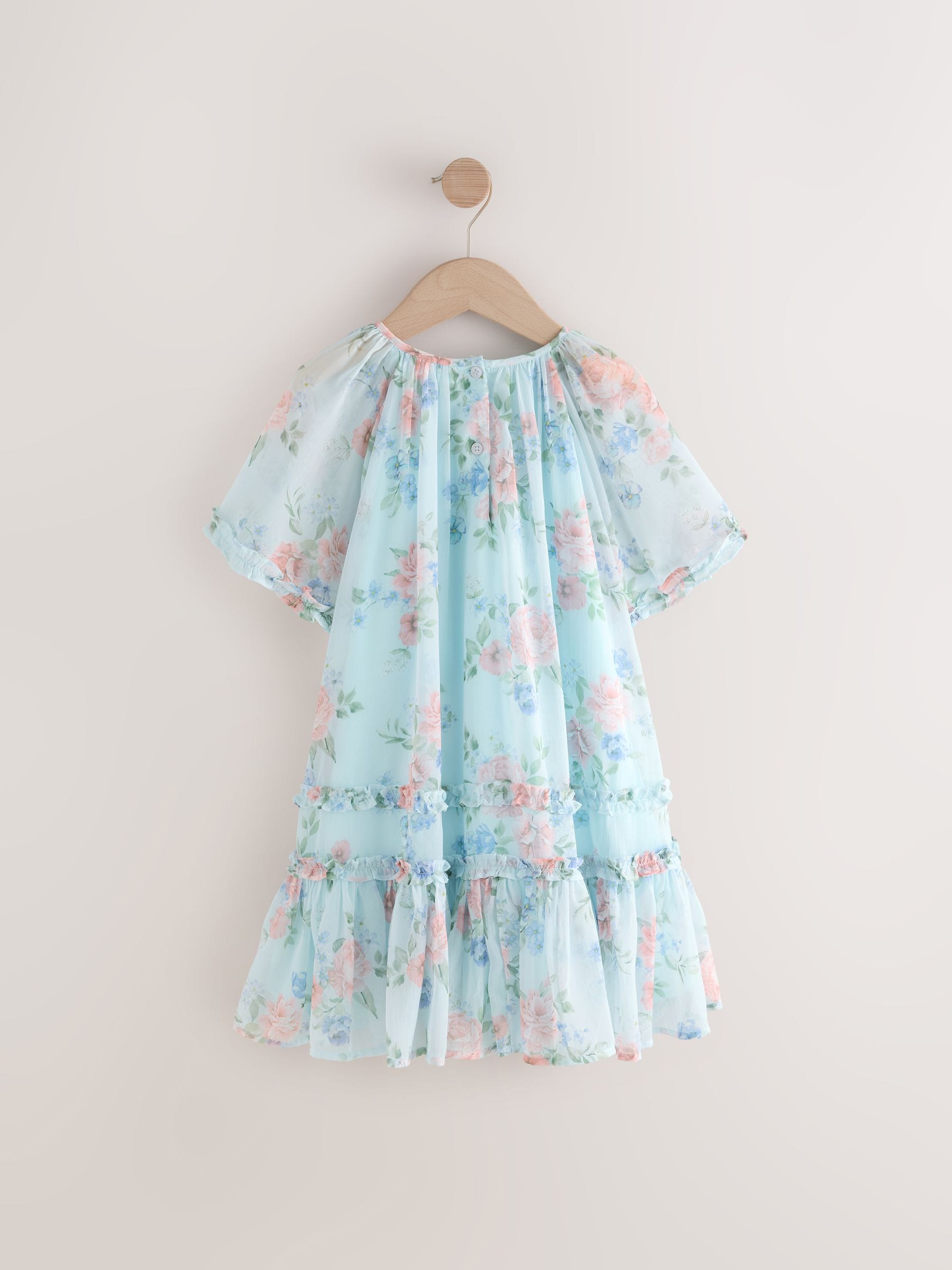 Blue Floral Angel Sleeve Chiffon Dress (3-16yrs)